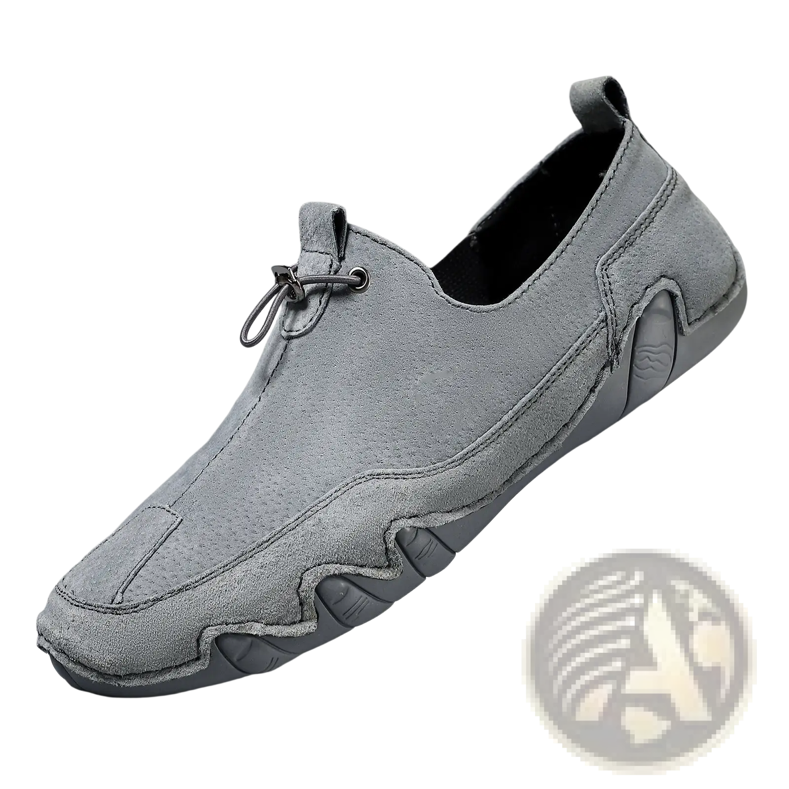 Men’s genuine leather gray suede slip-on casual sports shoe with textured wavy rubber sole and metallic eyelets