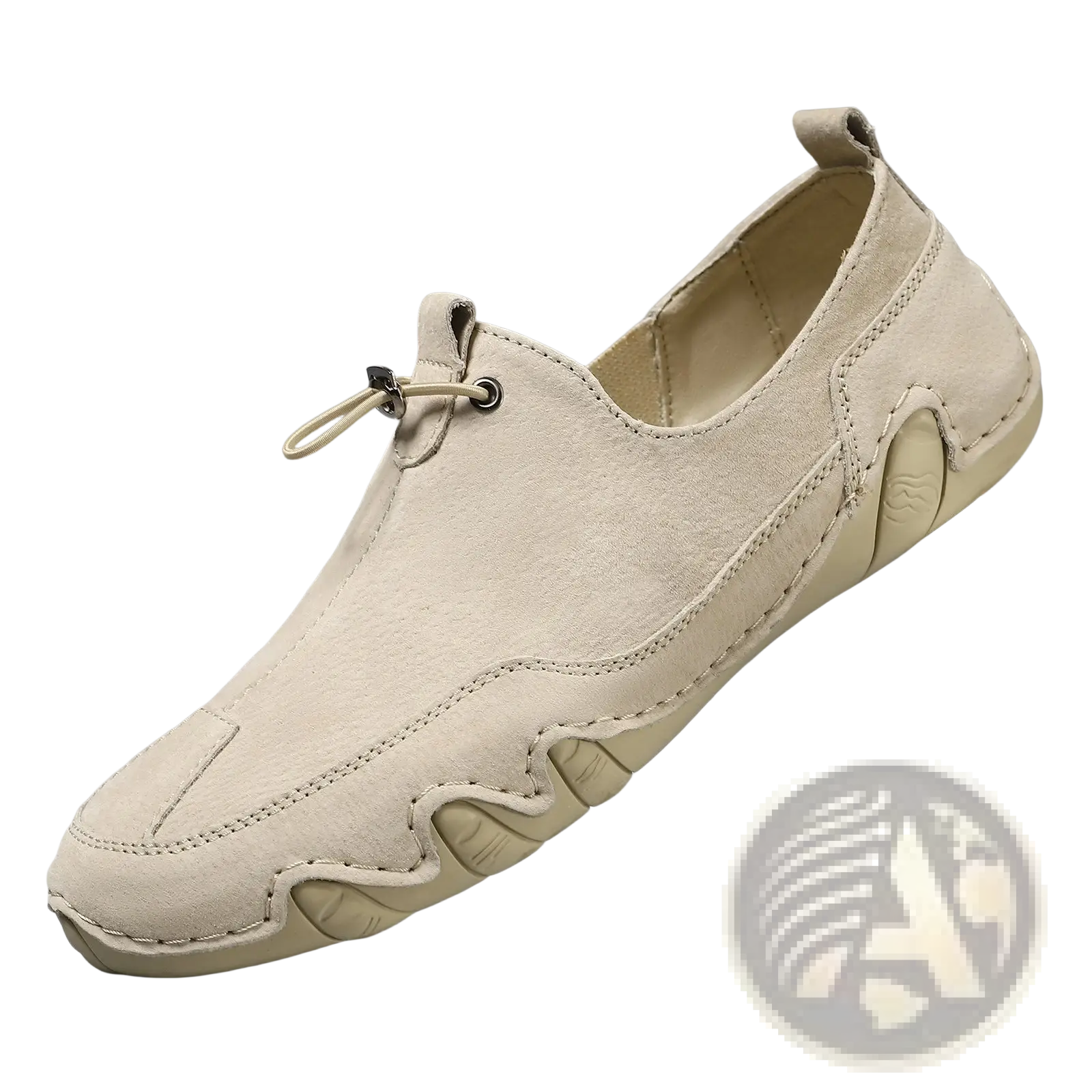 Men’s beige suede genuine leather slip-on casual sports loafer with textured wavy rubber sole and matching laces