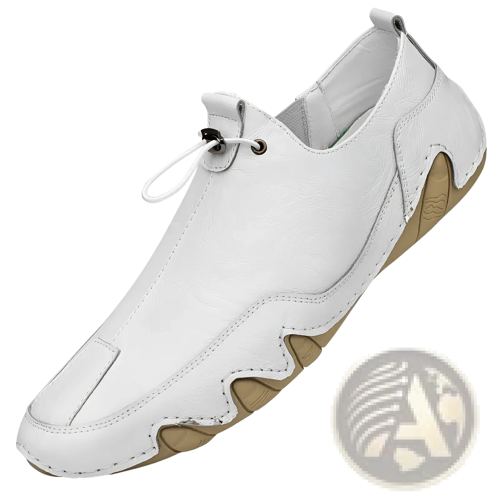 Men’s genuine leather white slip-on casual sports shoe with tan rubber sole and decorative stitching