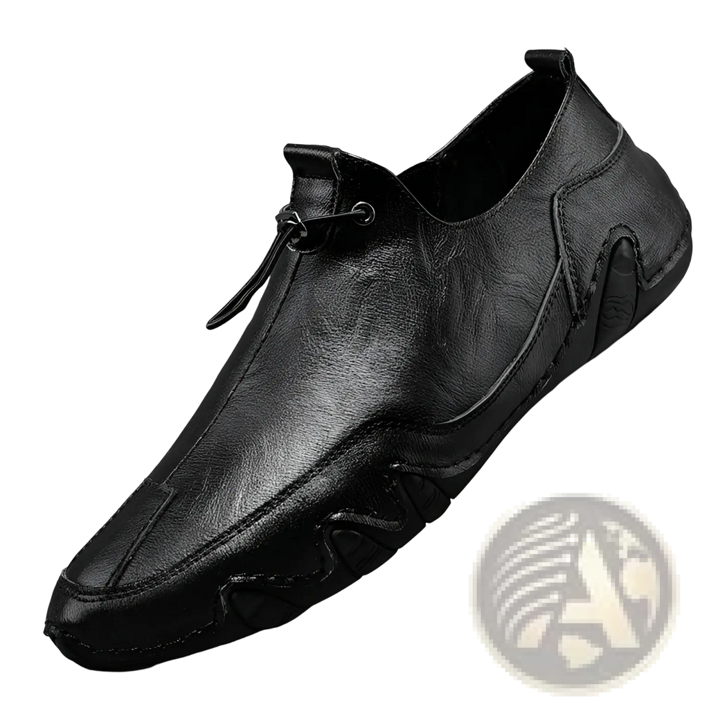 Men’s genuine leather black slip-on casual sports shoe with sleek modern design and subtle stitching details