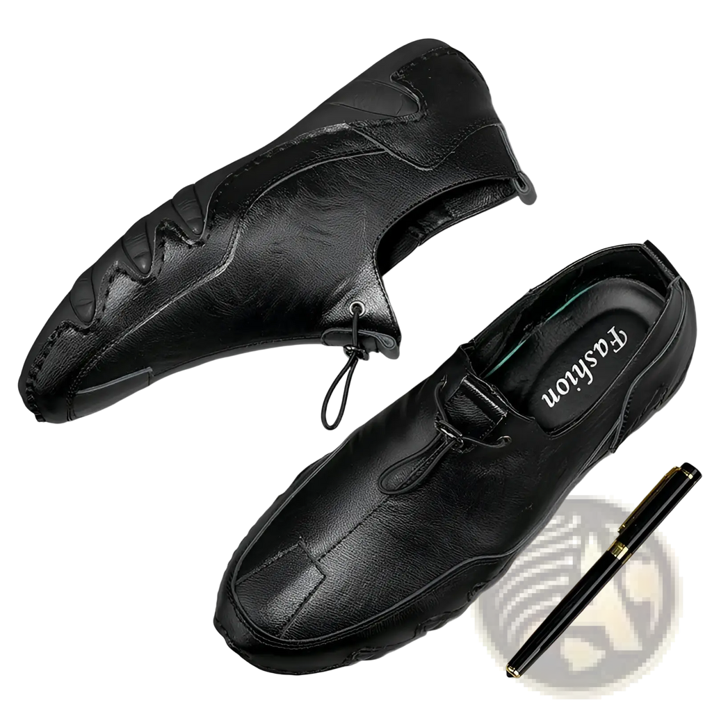 Black leather slip on men’s casual sports shoes with sleek modern design and subtle stitching details