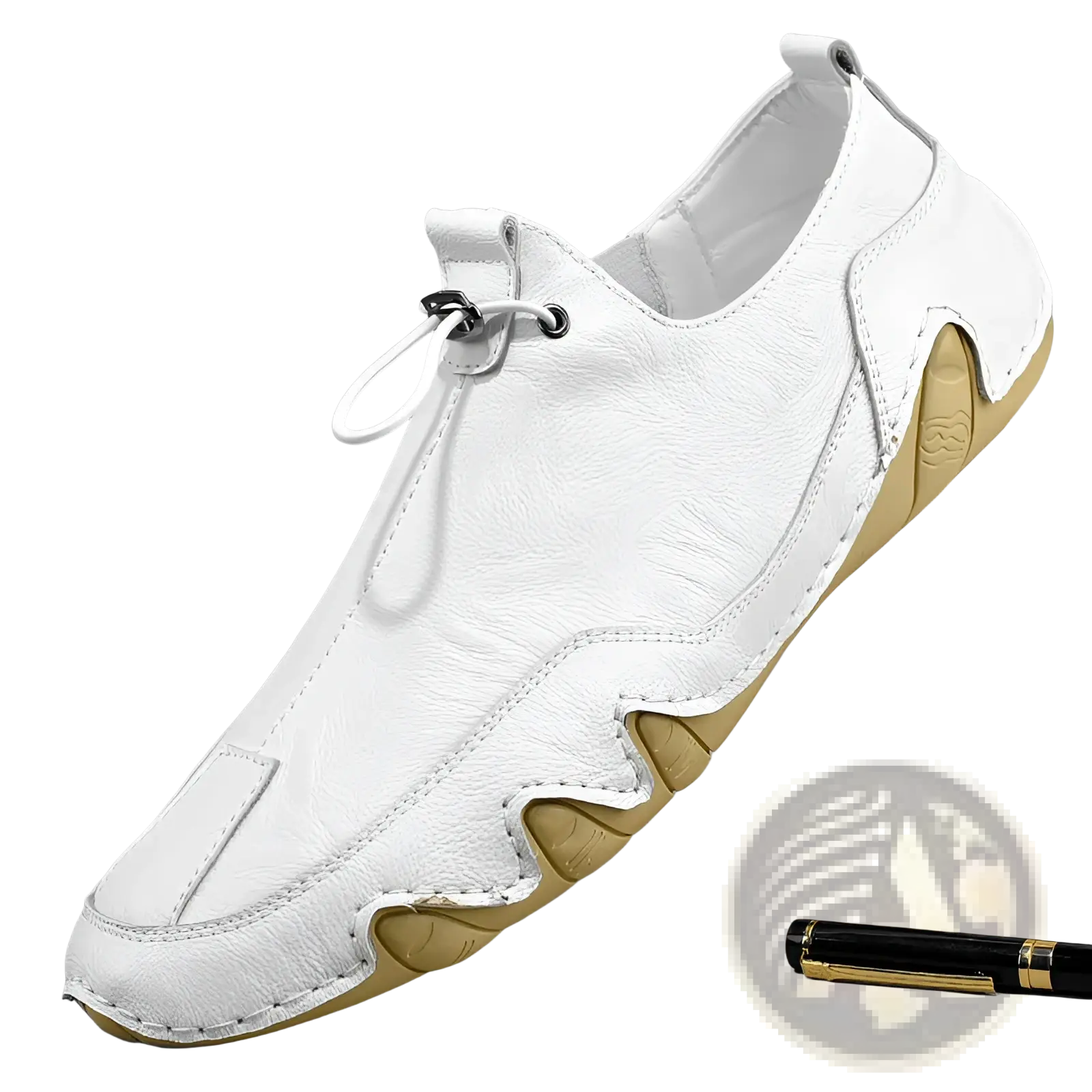 Men’s genuine leather slip-on casual sports shoe in white with tan rubber sole and distinctive wavy side design