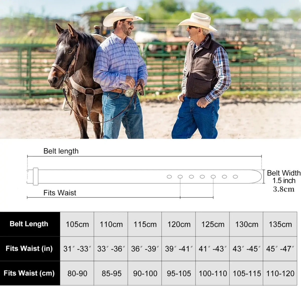 Men’s genuine leather vintage western belt with adjustable silver-toned buckle fits waists 31 to 47 inches
