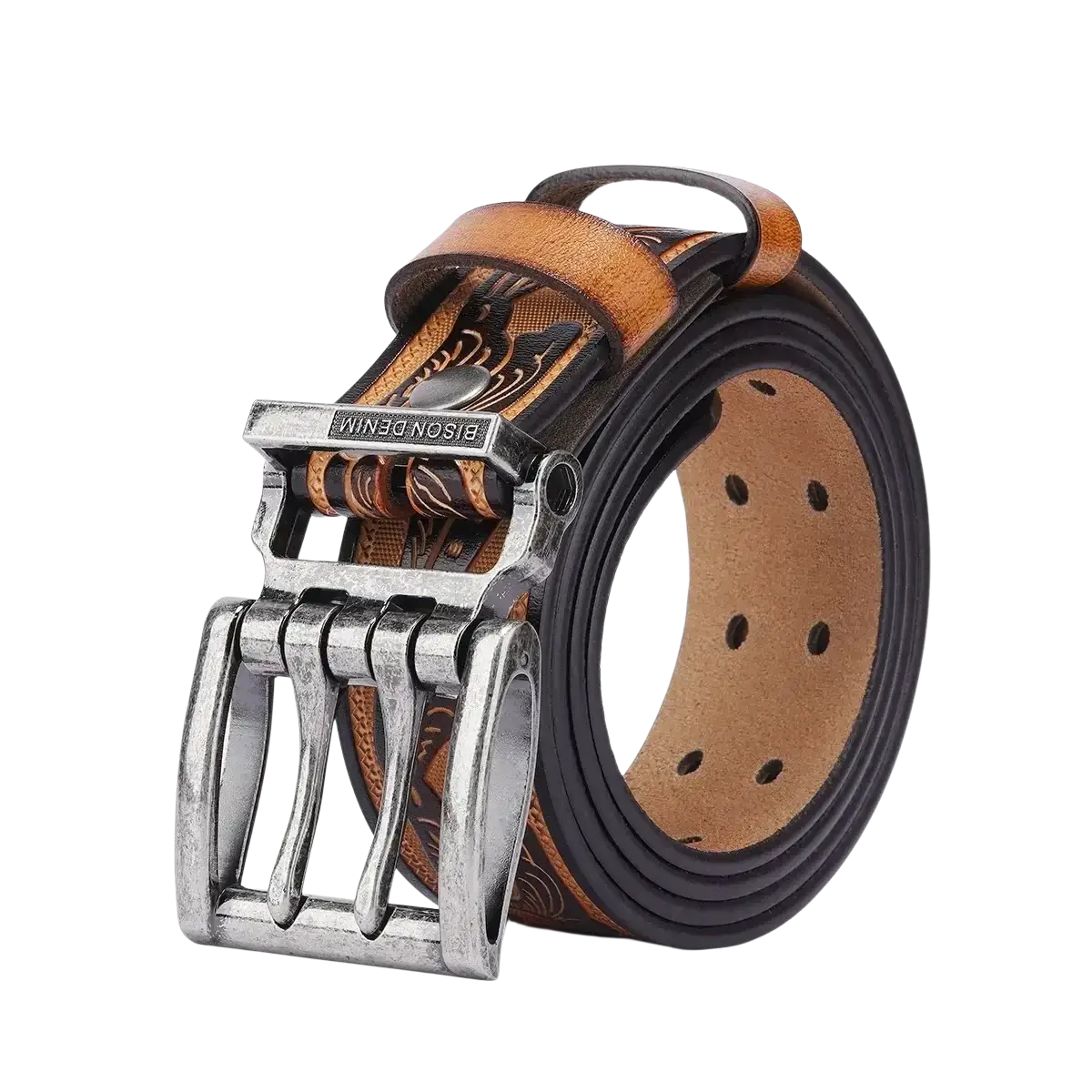 Men’s genuine leather vintage western belt with tan leather strap, intricate black and brown pattern, and silver-toned buckle