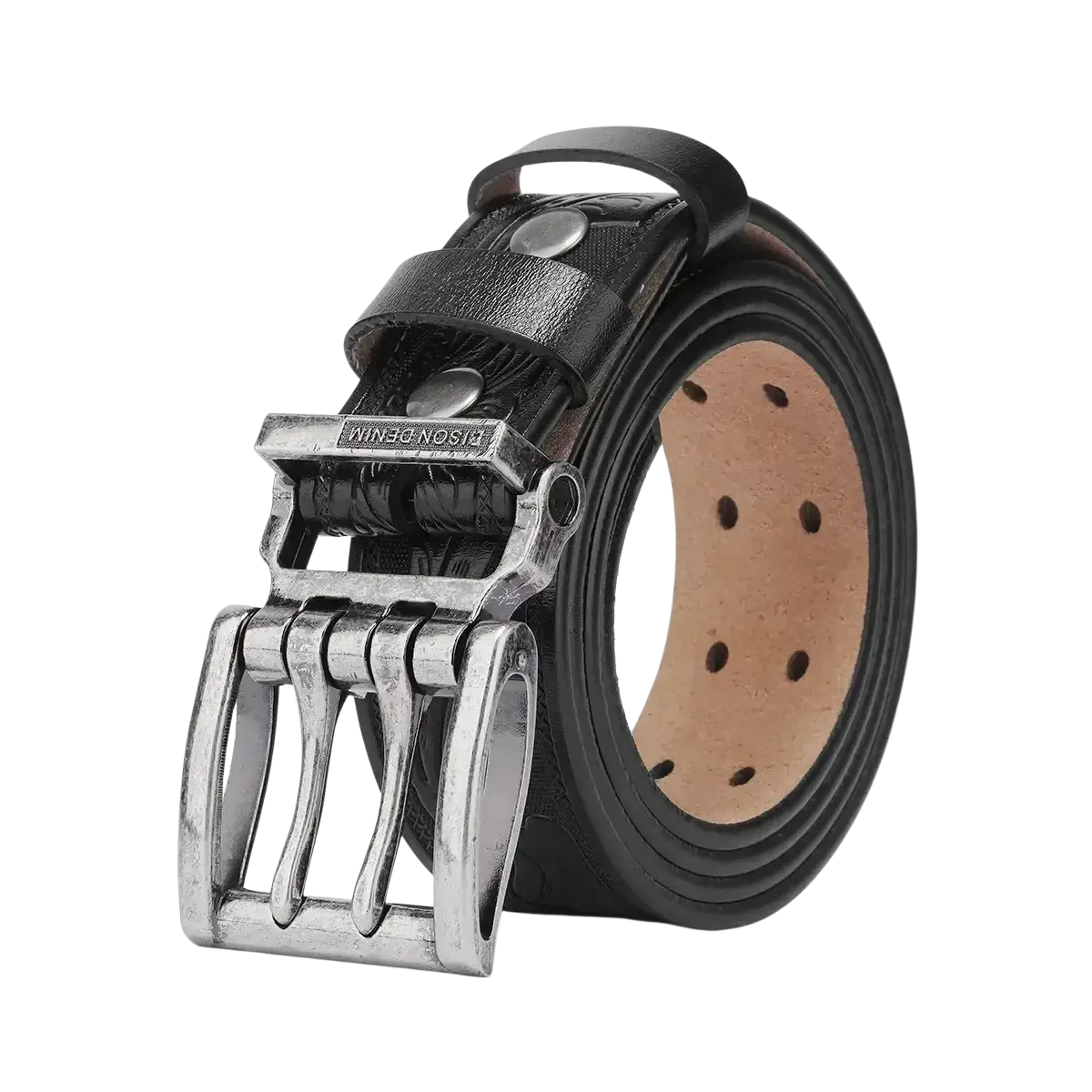 Men’s genuine leather vintage western belt in black with silver multi-prong buckle and visible edge stitching