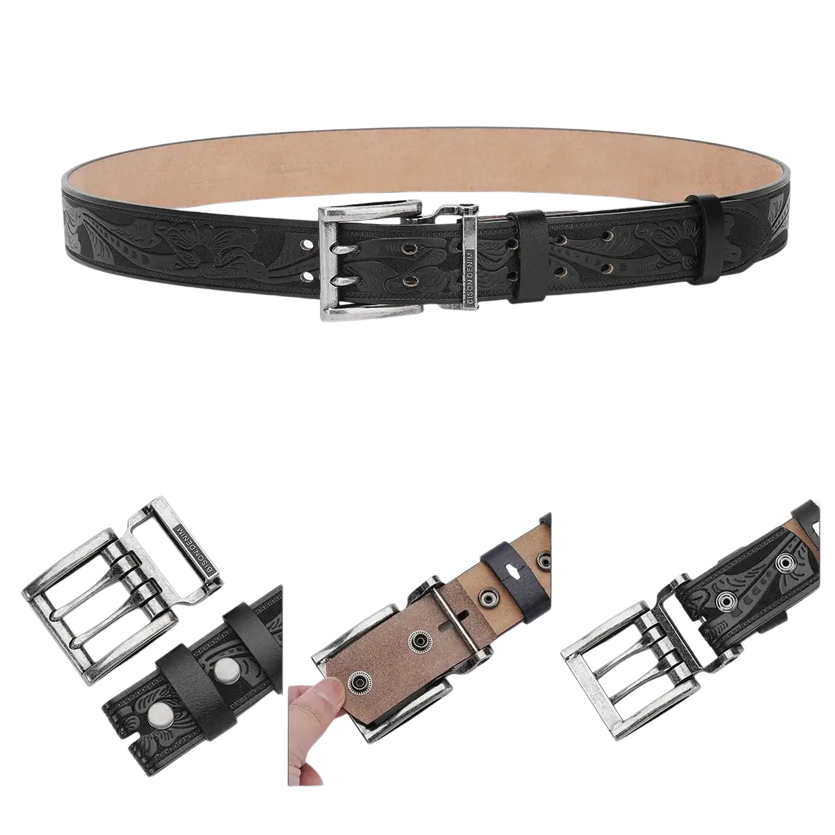 Men’s genuine leather vintage western belt in black with intricate floral embossing and silver toned buckle
