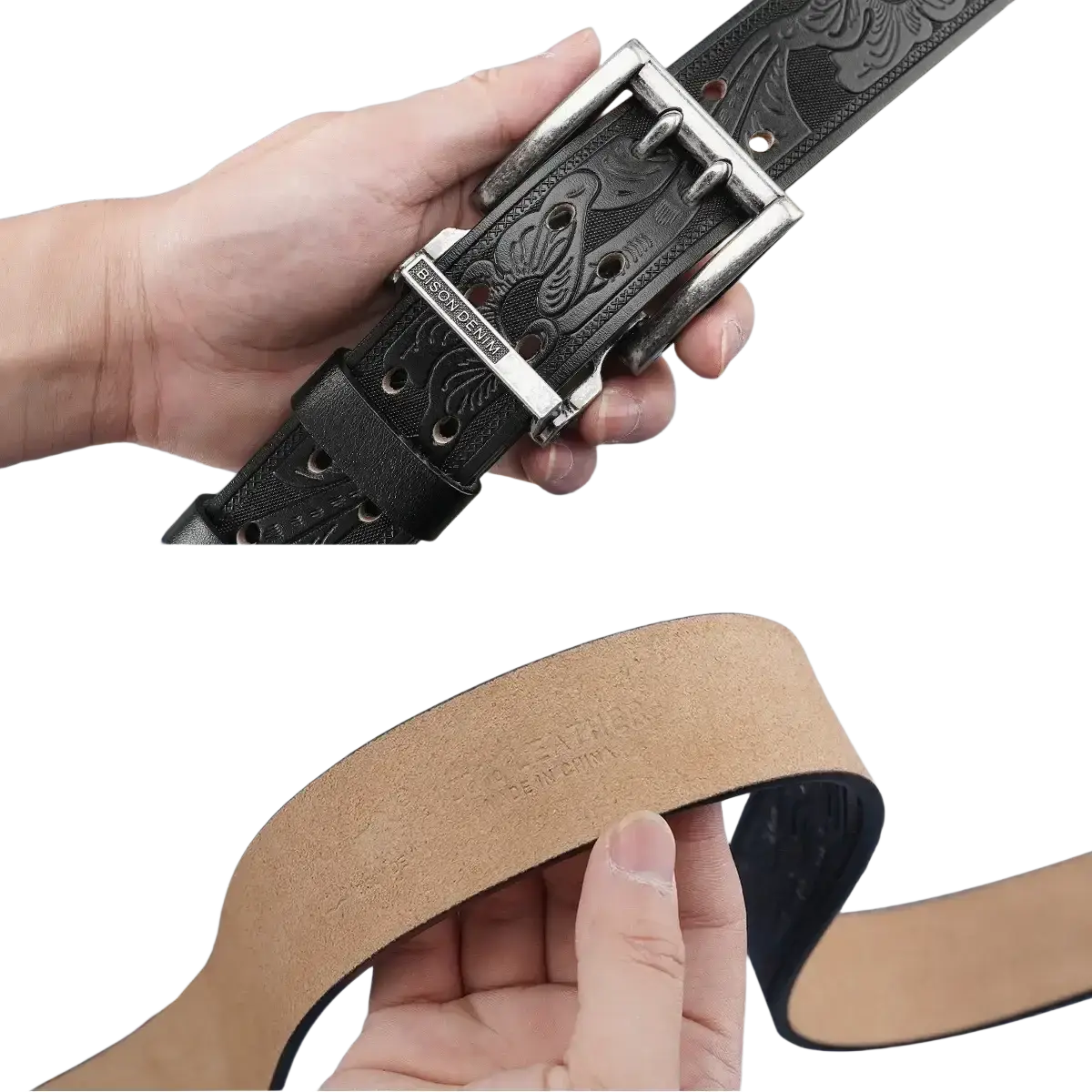 Black leather genuine leather vintage western belt with silver floral embossed buckle and visible brand engraving
