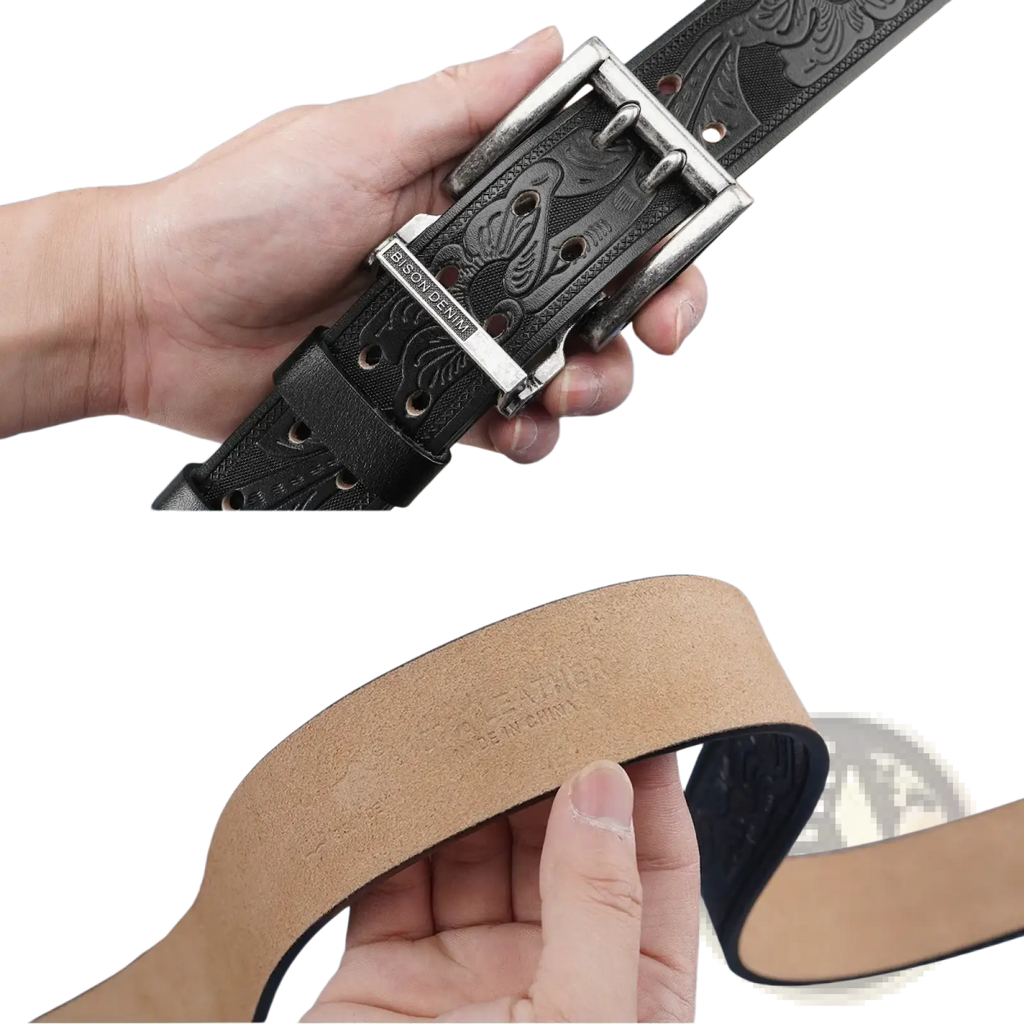 Men’s genuine leather vintage western belt in black with silver floral embossed buckle and sison genuine engraved plate