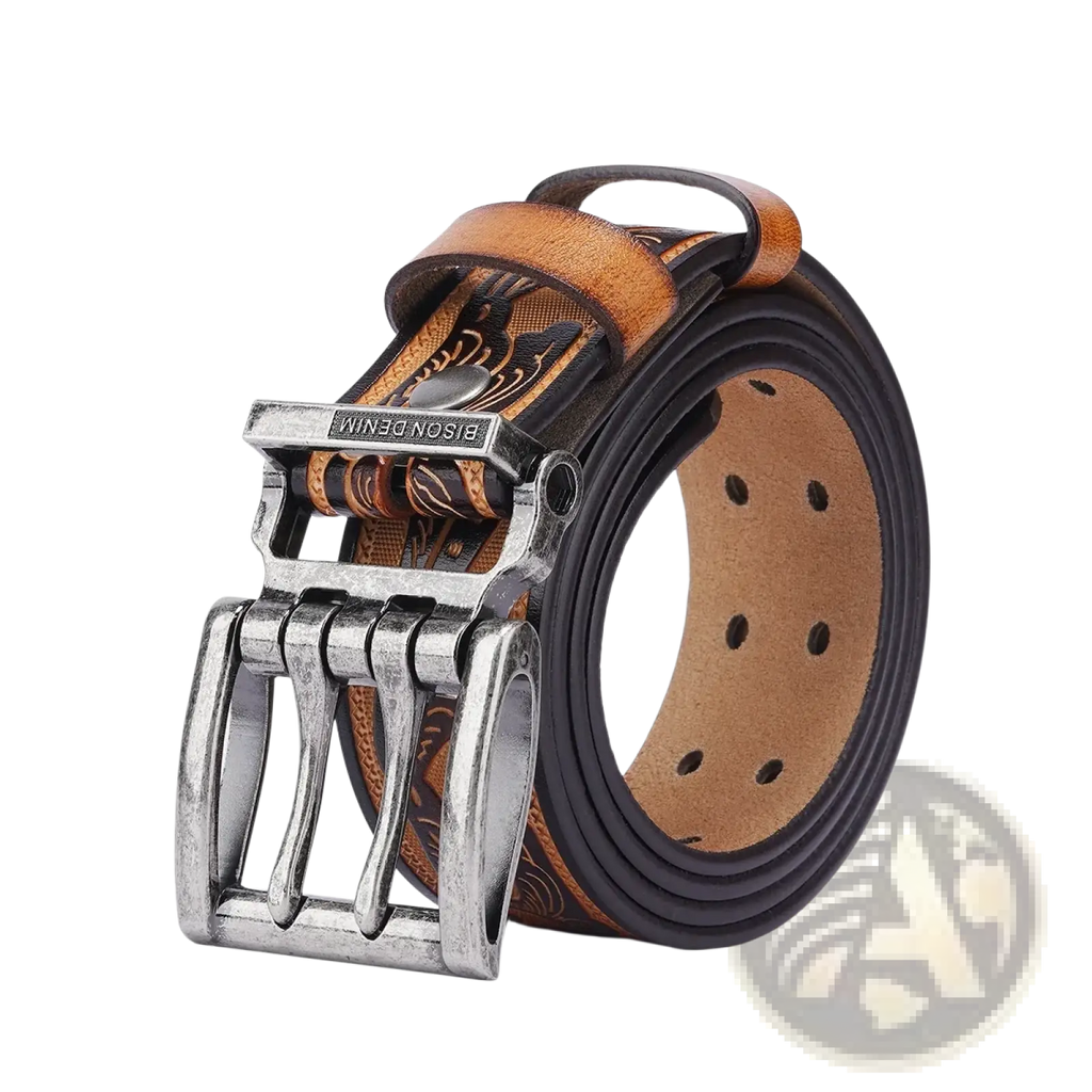 Men’s genuine leather vintage western belt by bison denim with brown leather and black tan floral pattern and silver buckle