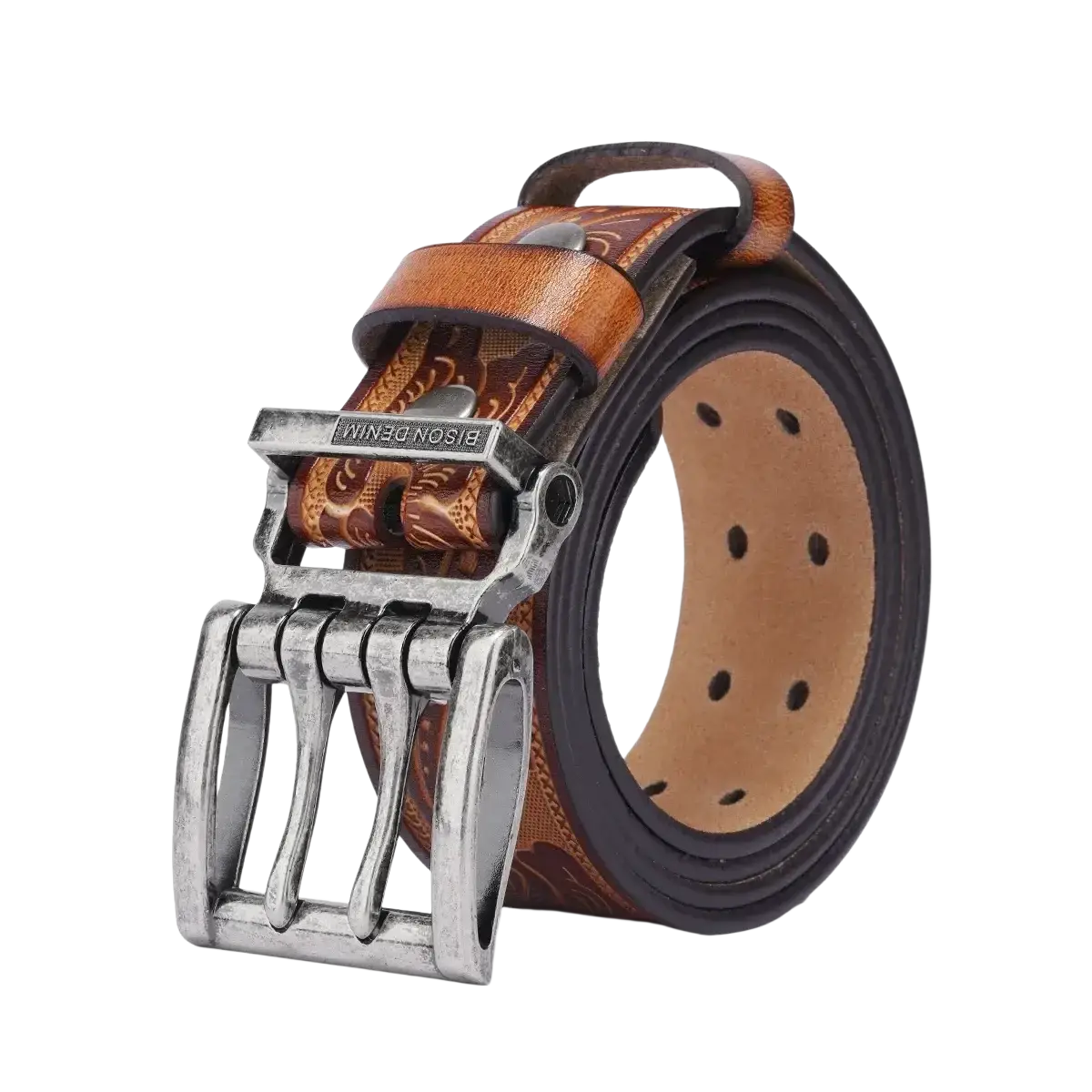 Men’s genuine leather vintage western belt in brown with intricate gold floral pattern and silver bison denim buckle