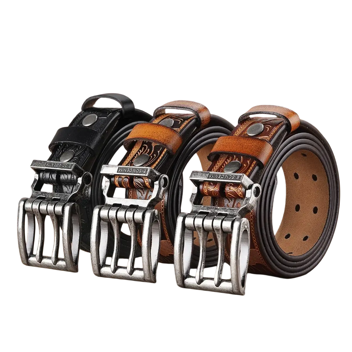 Men’s genuine leather vintage western belts with embossed patterns and silver-toned buckles in brown and black