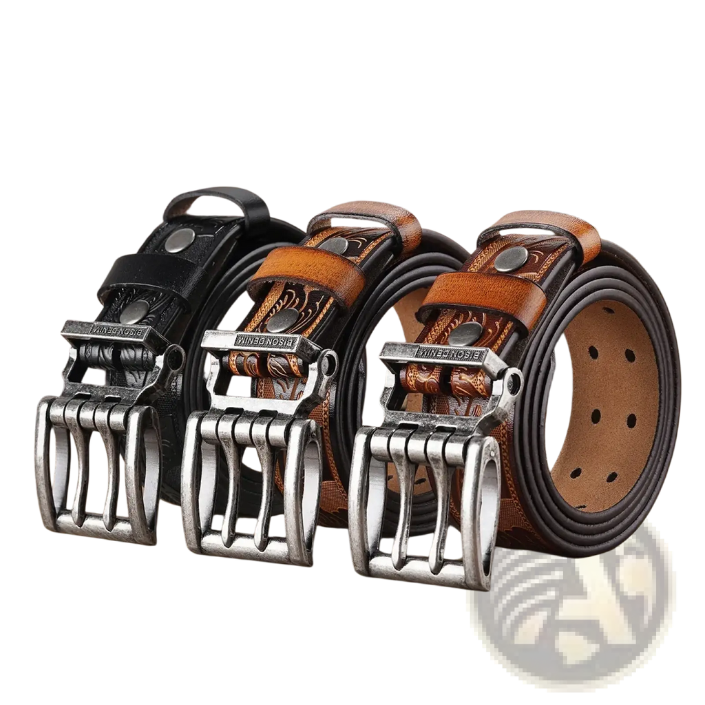 Men’s genuine leather vintage western belts with embossed patterns and silver-toned buckles in brown and black