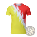 Mens geometric athletic t-shirt in vibrant yellow and red with white triangular pattern quick dry summer top