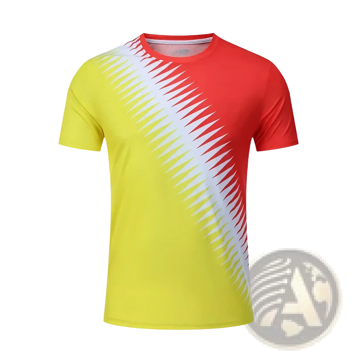 Mens geometric athletic t-shirt in vibrant yellow and red with white triangular pattern quick dry summer top