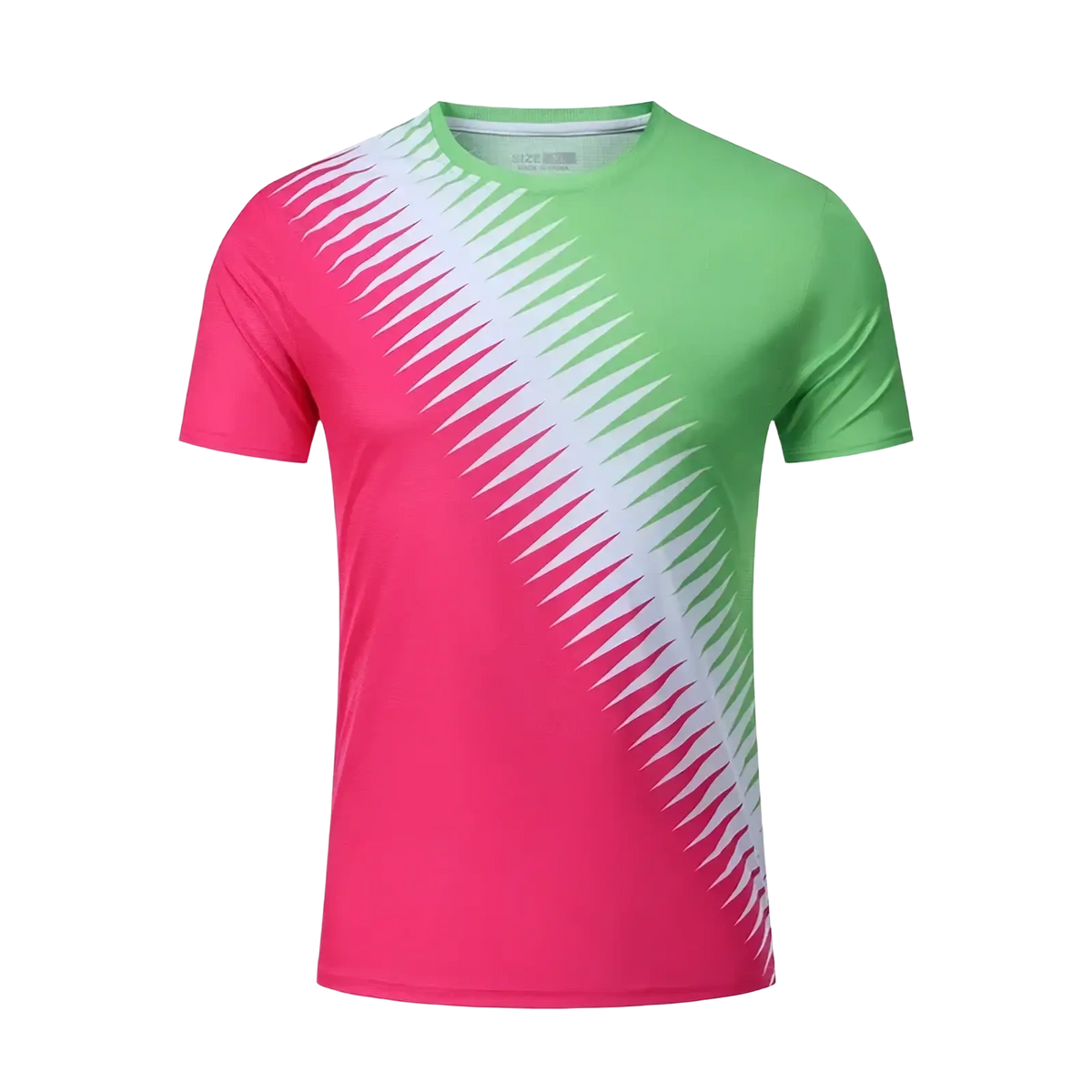 Mens geometric athletic t-shirt in vibrant pink and green with bold white diagonal stripes quick dry summer top