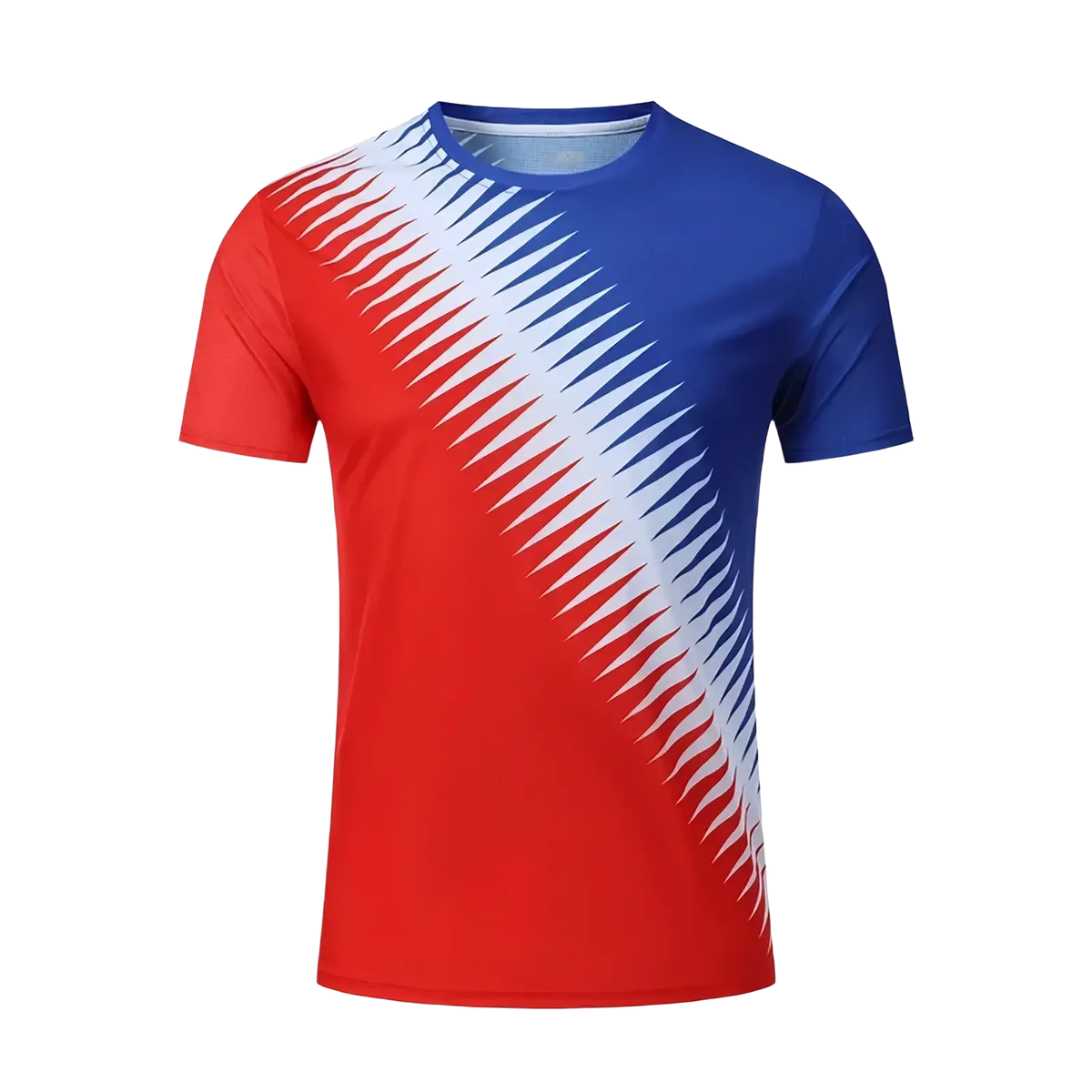 Mens geometric athletic t-shirt quick dry summer top in vibrant red and blue with white triangular diagonal pattern