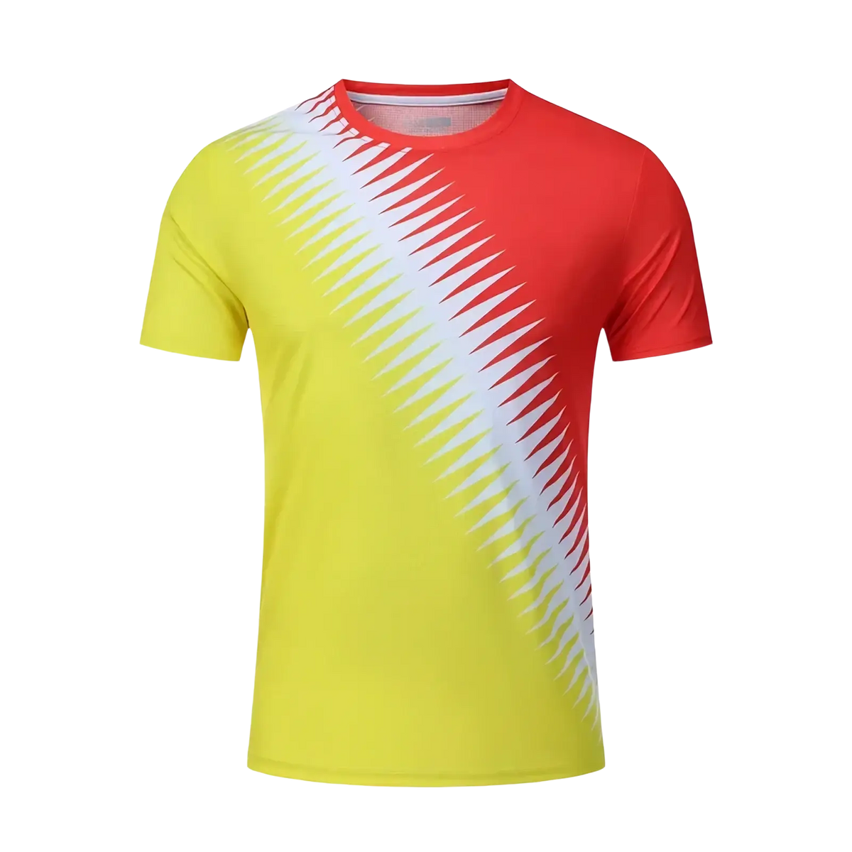 Mens geometric athletic t-shirt in vibrant yellow and red with white triangular pattern quick dry summer top
