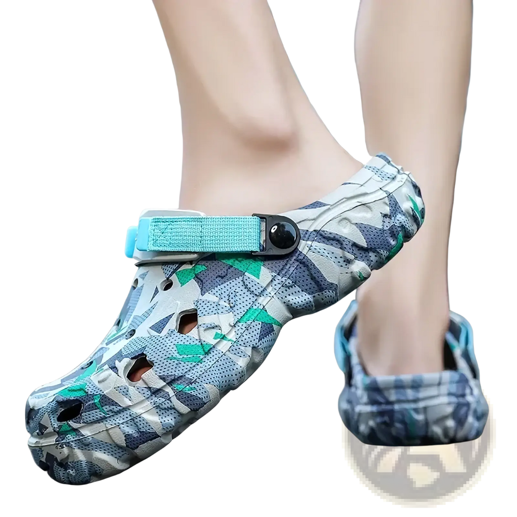 Men’s geometric pattern clog sandals in blue and green camouflage with a light blue strap for casual beachwear