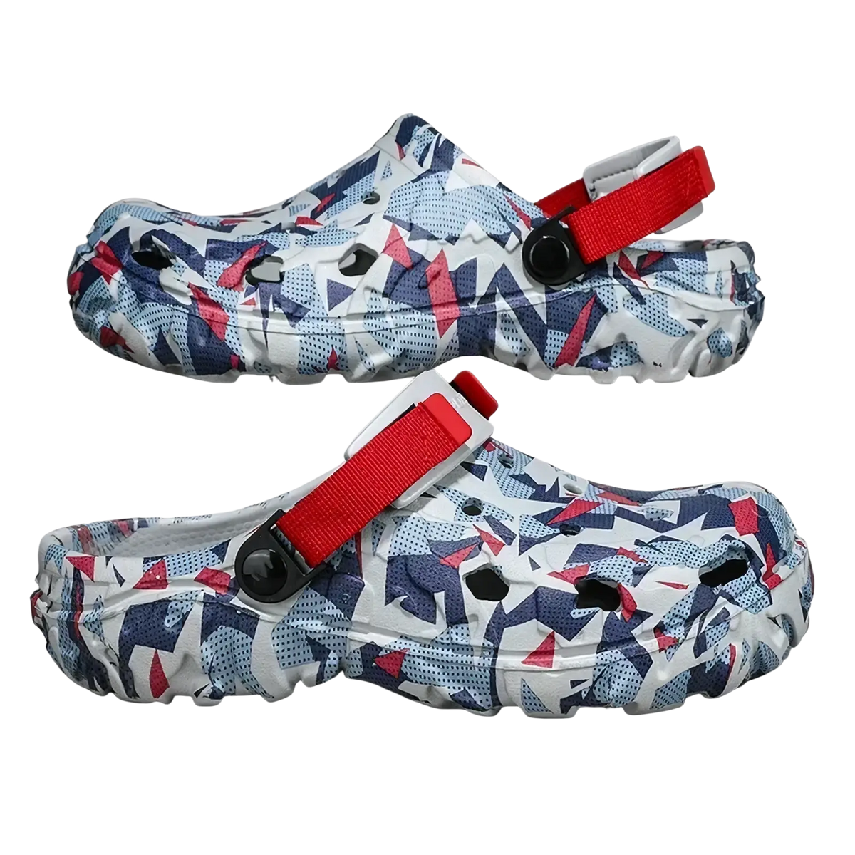 Men’s geometric pattern clog sandals in blue red and white with red straps ideal for casual beach wear