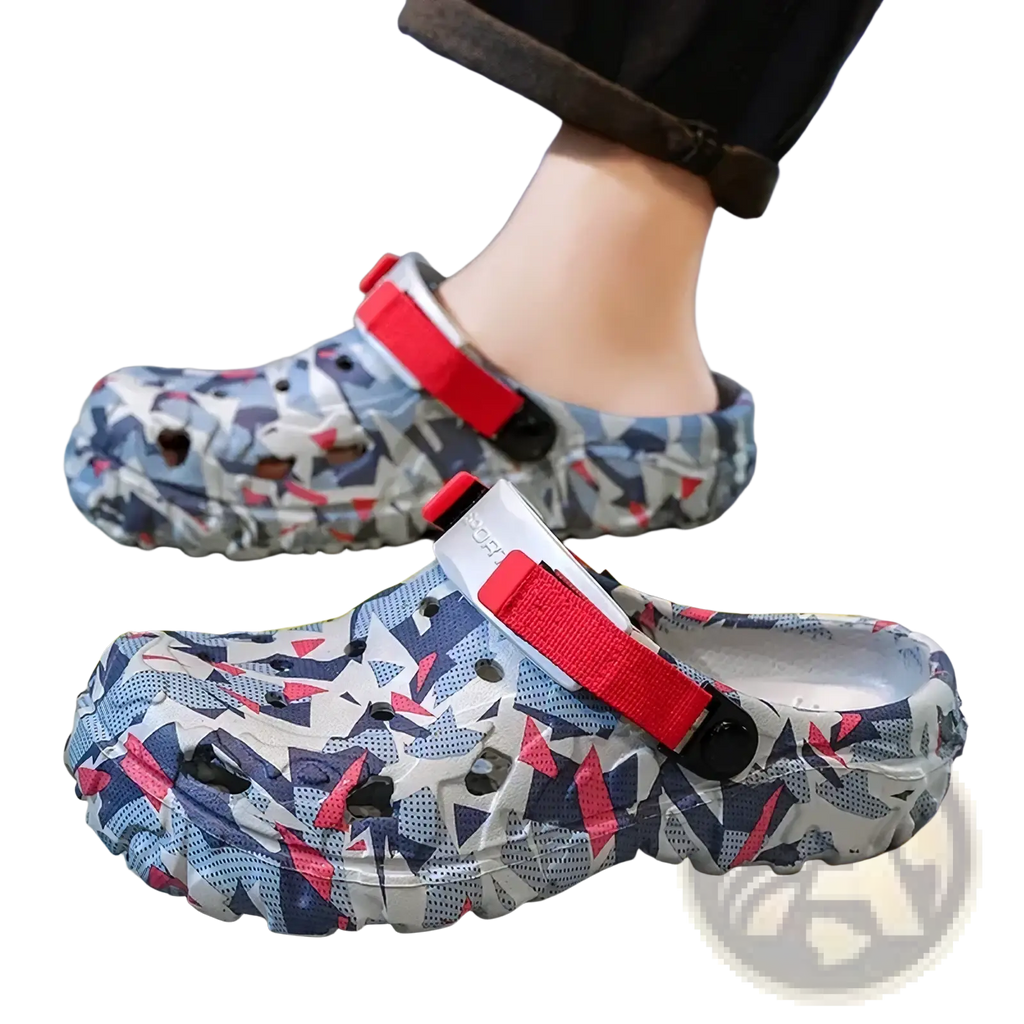 Men’s geometric pattern clog sandals in blue white and red with thick rubber sole and adjustable red strap for casual wear