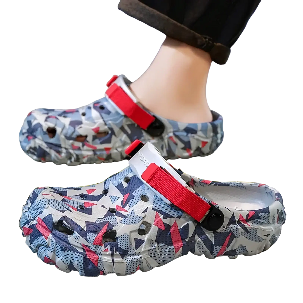 Men’s geometric pattern clog sandals in blue white and red with thick rubber sole and adjustable red strap for casual wear