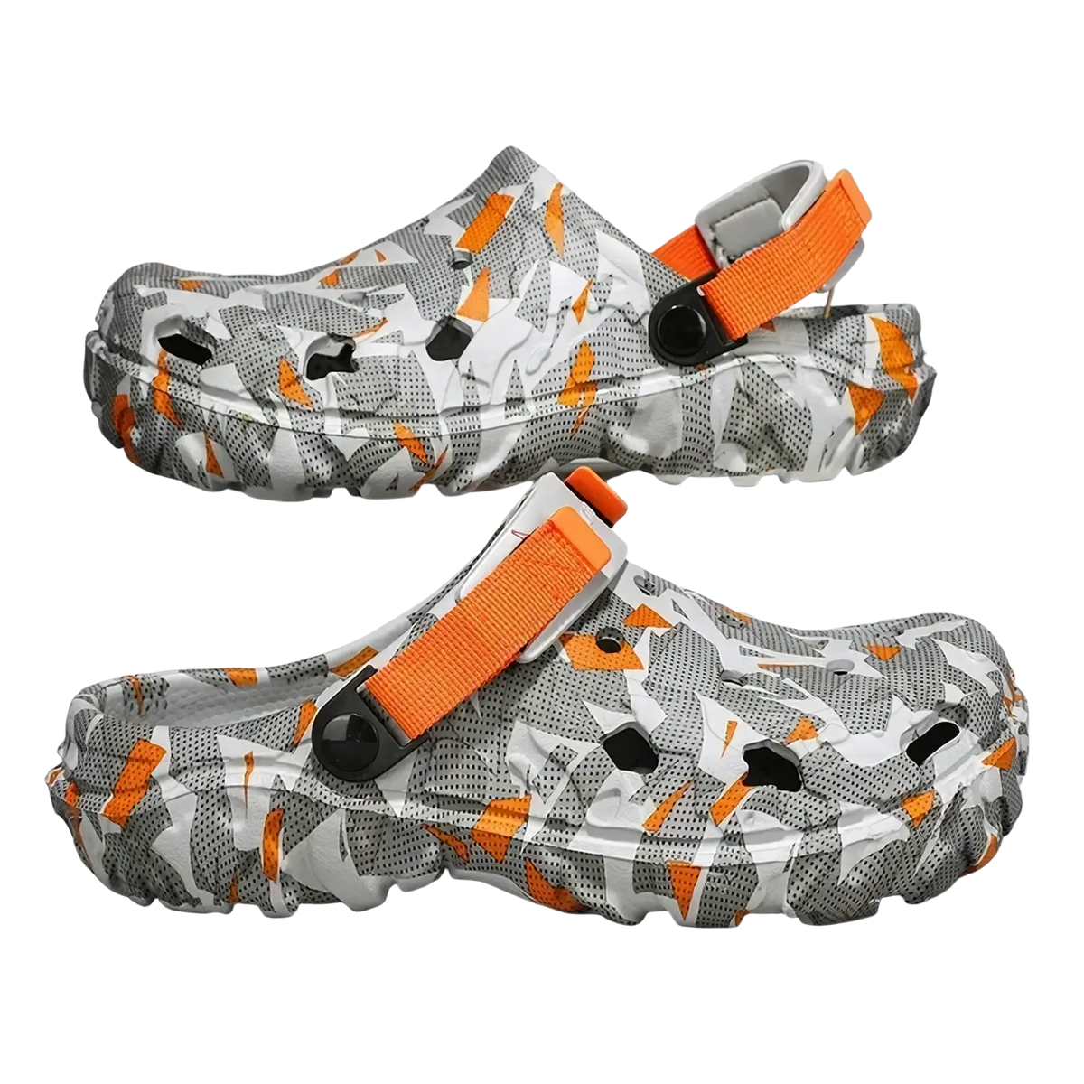Men’s geometric pattern clog sandals in gray and orange camouflage with bright orange straps for casual beach use