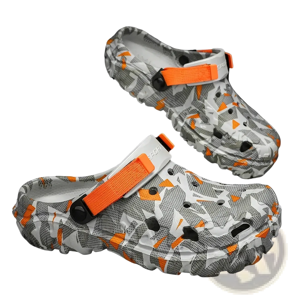 Men’s geometric pattern clog sandals with gray and orange camouflage design and bright orange adjustable straps