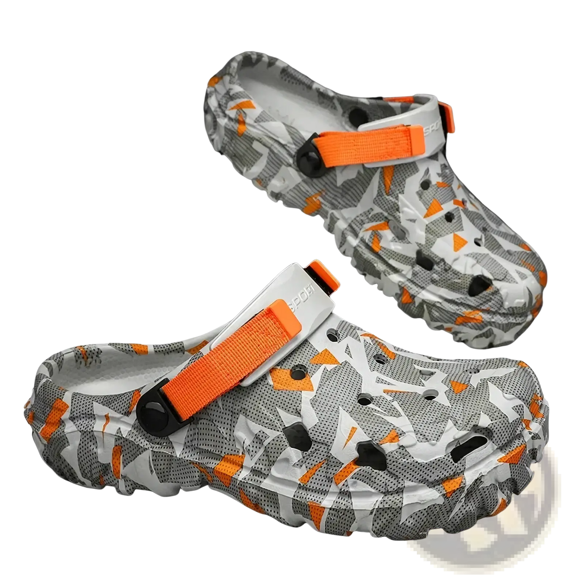 Men’s geometric pattern clog sandals with gray and orange camouflage design and bright orange adjustable straps