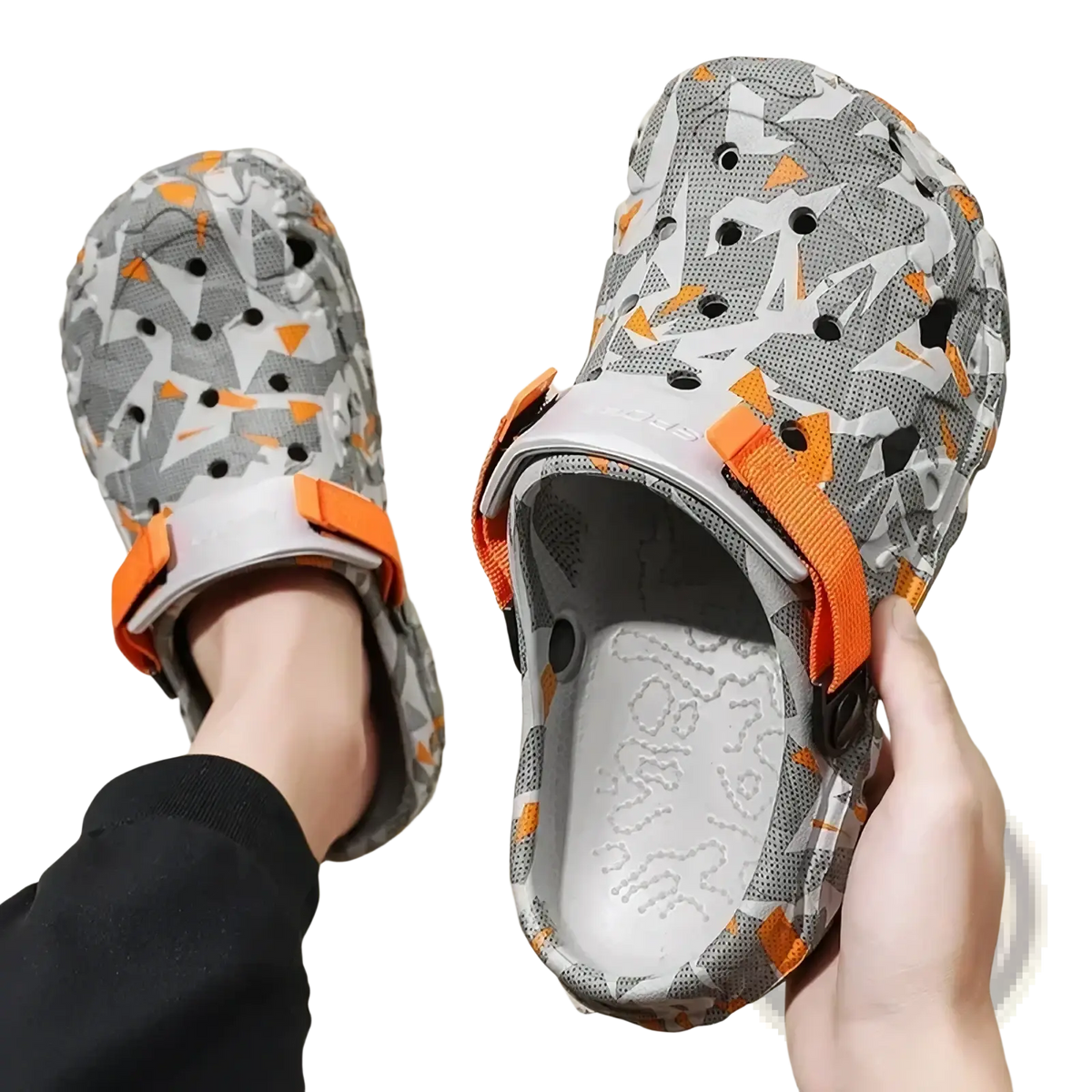 Men’s geometric pattern clog sandals in gray and orange camouflage with adjustable straps for casual beach use