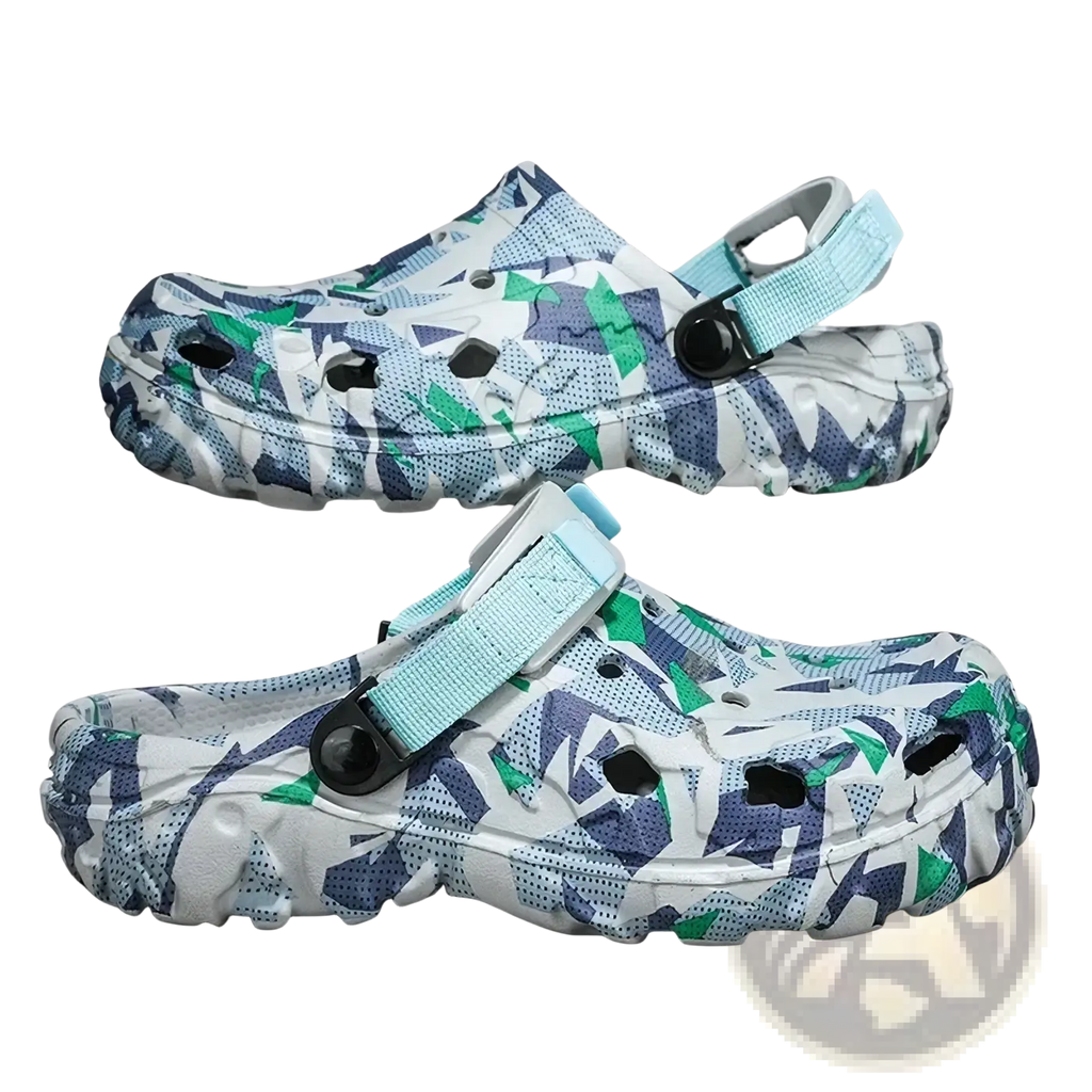 Men’s geometric pattern clog sandals in white blue and green with light blue adjustable straps for casual beach use