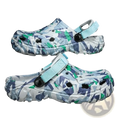 Men’s geometric pattern clog sandals in white blue and green with light blue adjustable straps for casual beach use