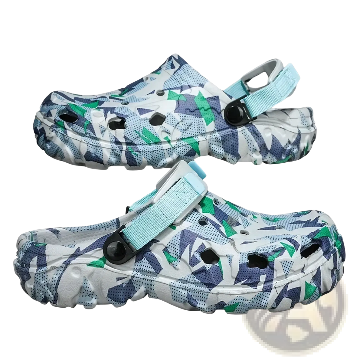 Men’s geometric pattern clog sandals in white blue and green with light blue adjustable straps for casual beach use