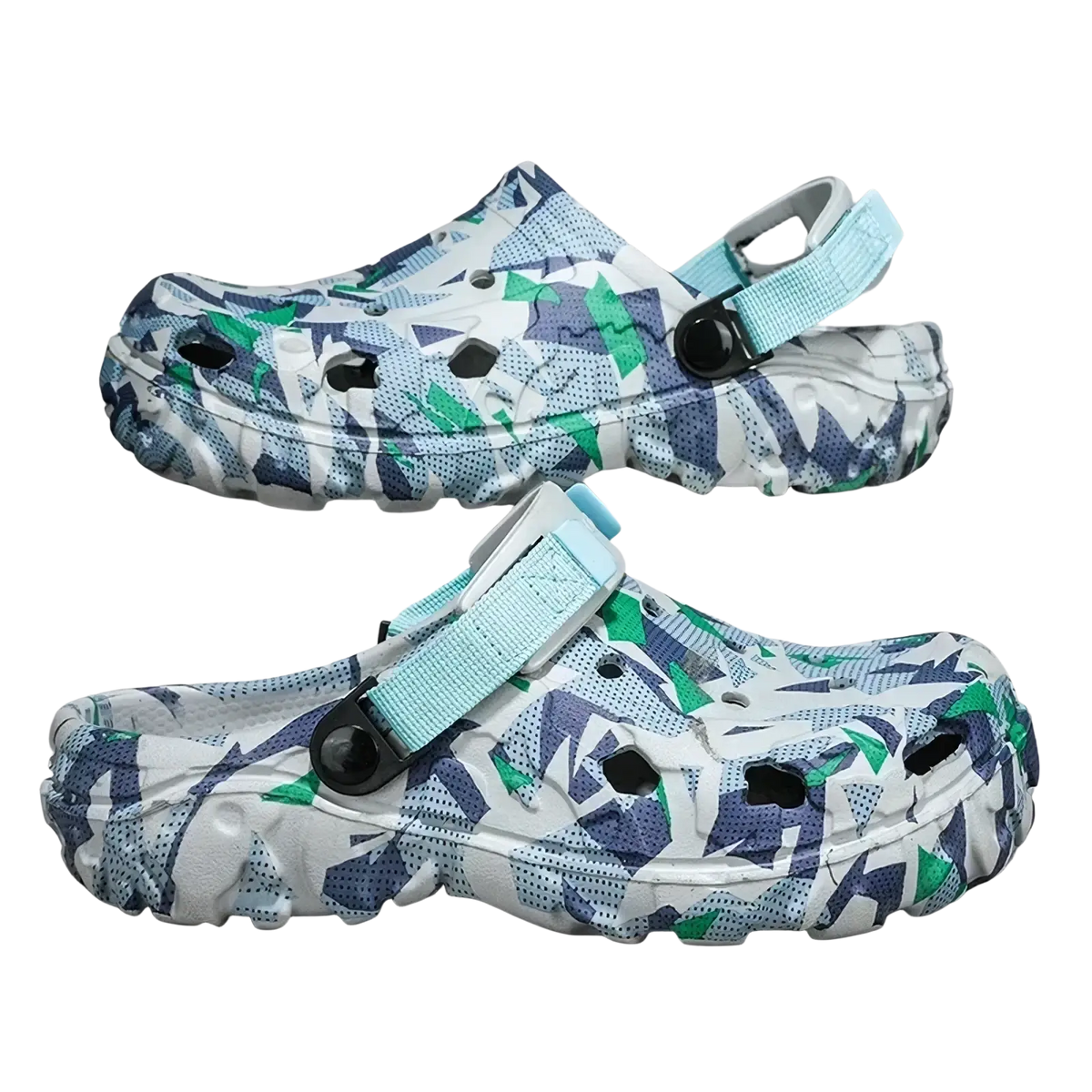 Men’s geometric pattern clog sandals in white blue and green with light blue adjustable straps for casual beach use