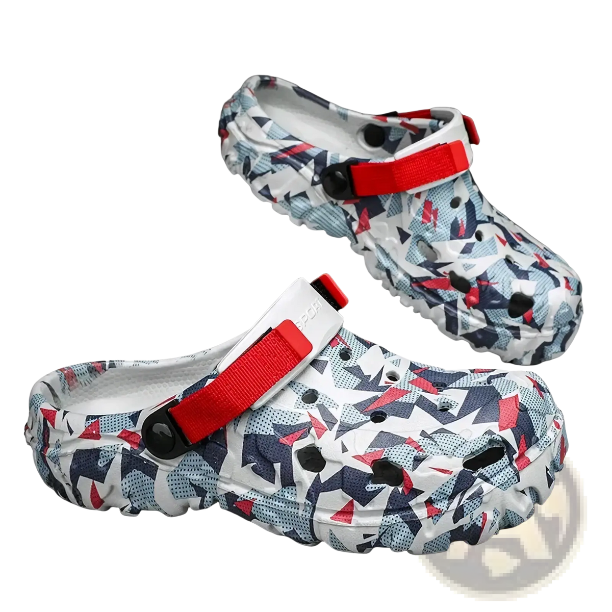 Men’s geometric pattern clog sandals with white, blue, and red design, textured rubber sole, and red adjustable strap