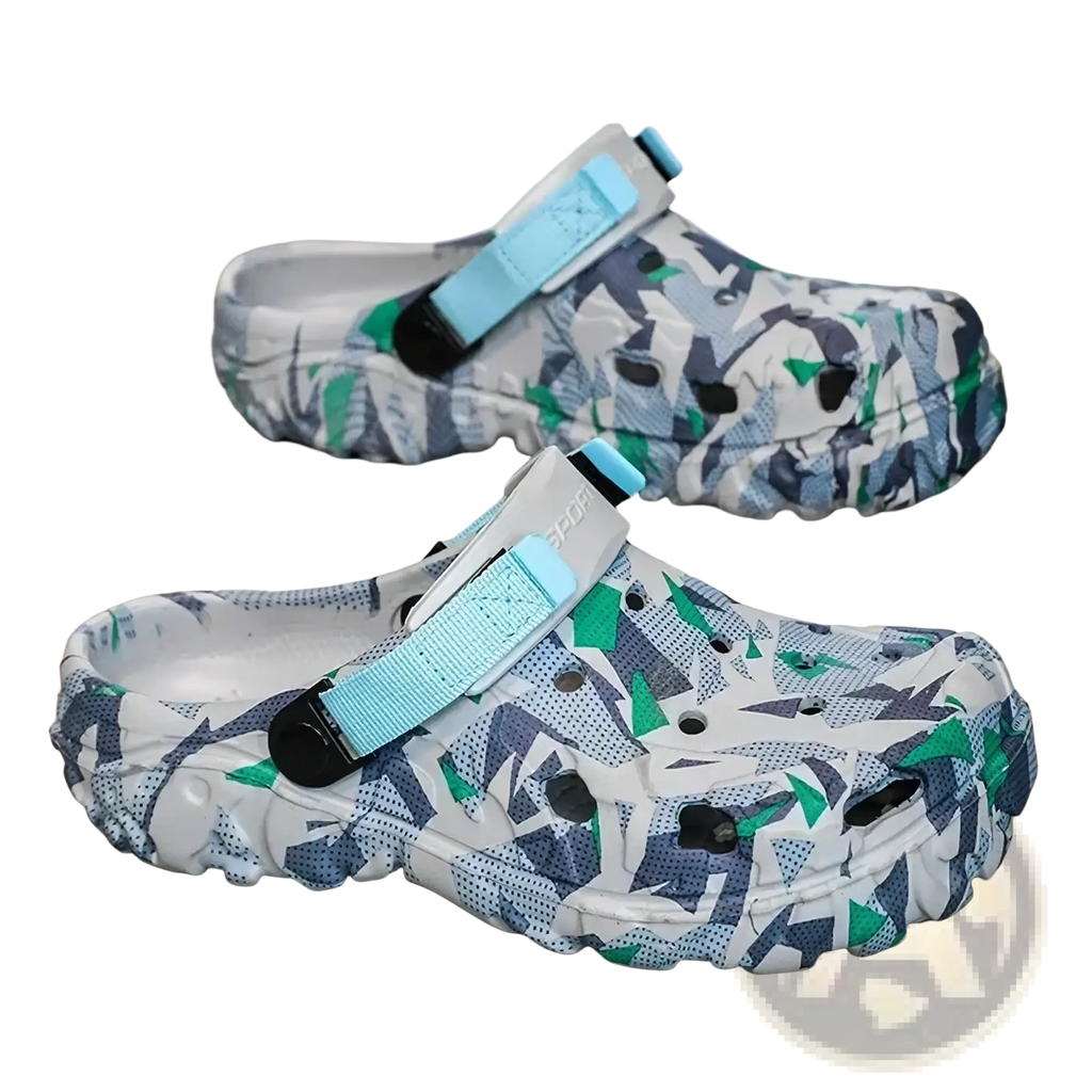 Men’s geometric pattern clog sandals with white blue and green design and light blue straps for casual beach use