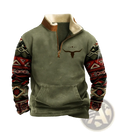 Men’s olive green fleece jacket with brown leather collar, red and black geometric sleeves, and dark brown longhorn chest design
