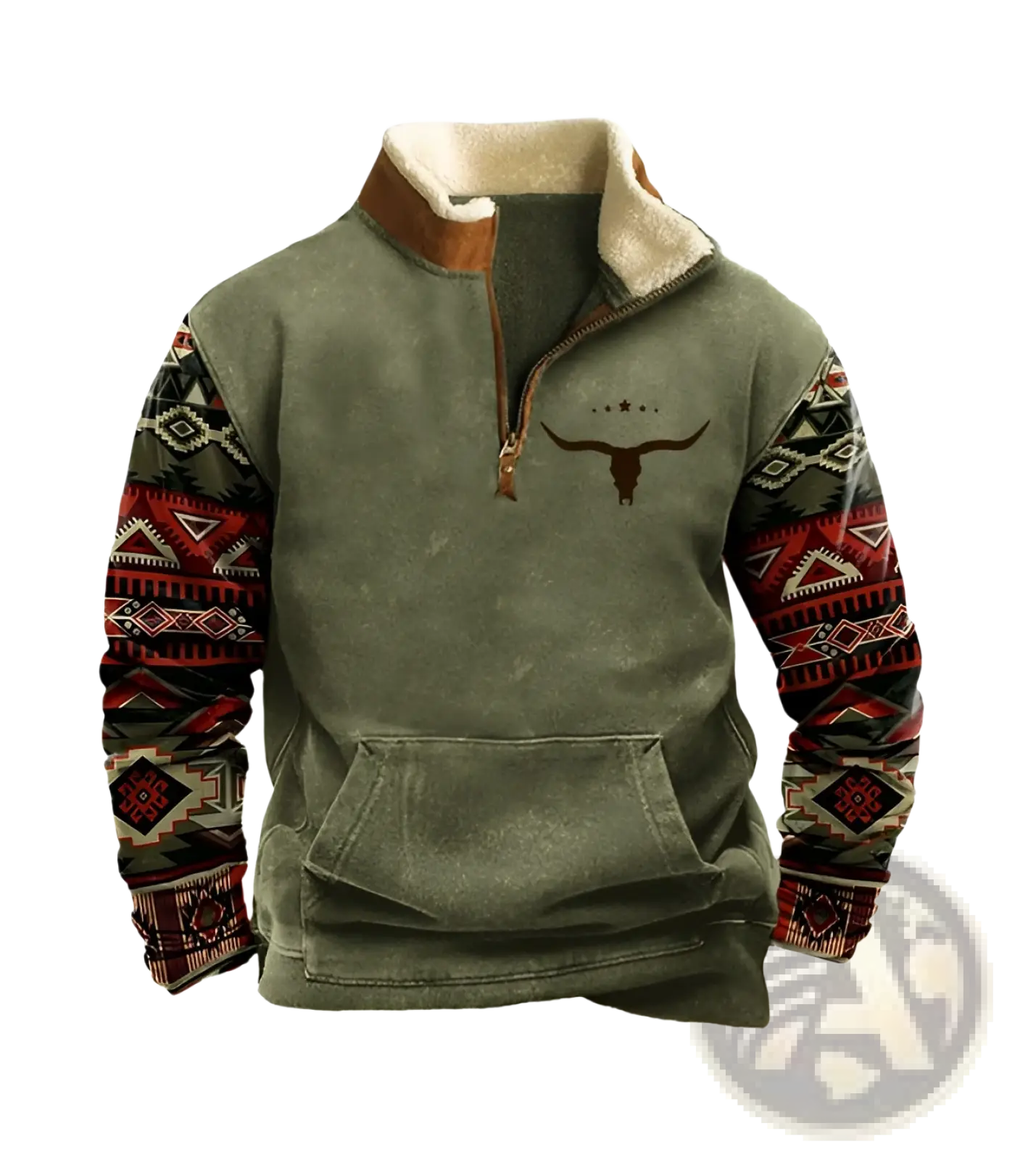 Men’s olive green fleece jacket with brown leather collar, red and black geometric sleeves, and dark brown longhorn chest design