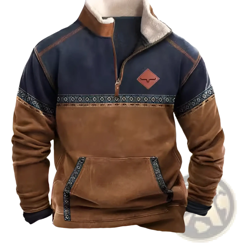 Men’s geometric pattern fleece jacket in brown and navy blue with shearling collar and leather chest patch
