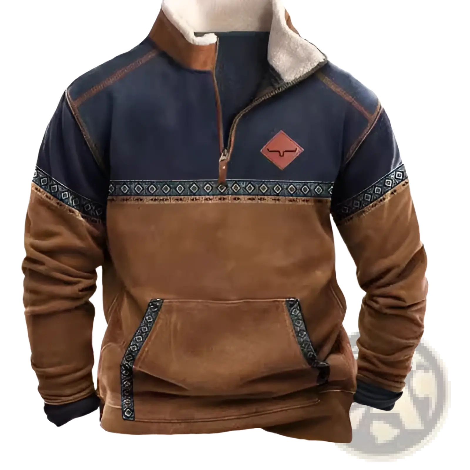 Men’s geometric pattern fleece jacket in brown and navy blue with shearling collar and leather chest patch