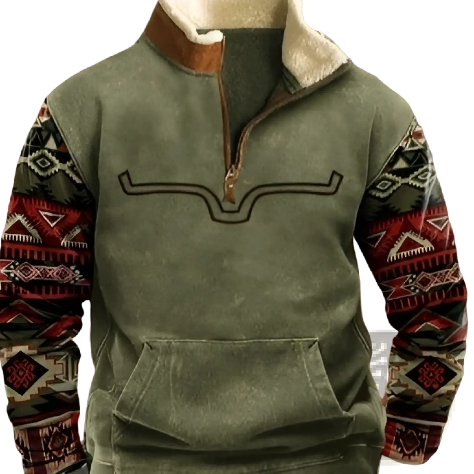 Men’s geometric pattern fleece jacket in olive green with brown shearling collar and red black beige patterned sleeves