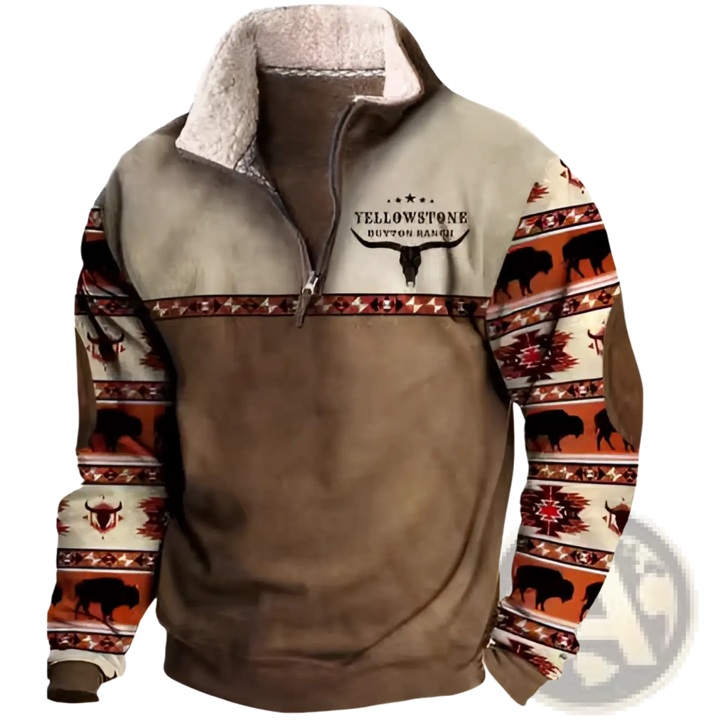 Men’s tan and beige geometric pattern fleece jacket with yellowstone outlaws graphic and buffalo motifs on sleeves