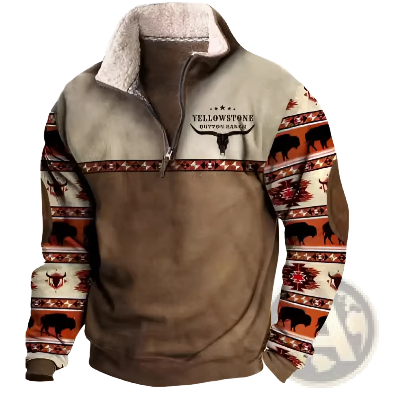 Men’s tan and beige geometric pattern fleece jacket with yellowstone outlaws graphic and buffalo motifs on sleeves
