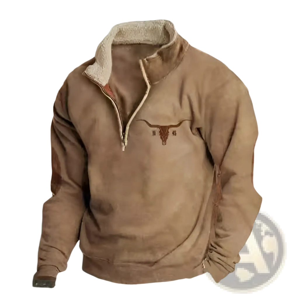Men’s tan fleece pullover with light gray sherpa-lined collar and subtle embroidered longhorn logo on chest
