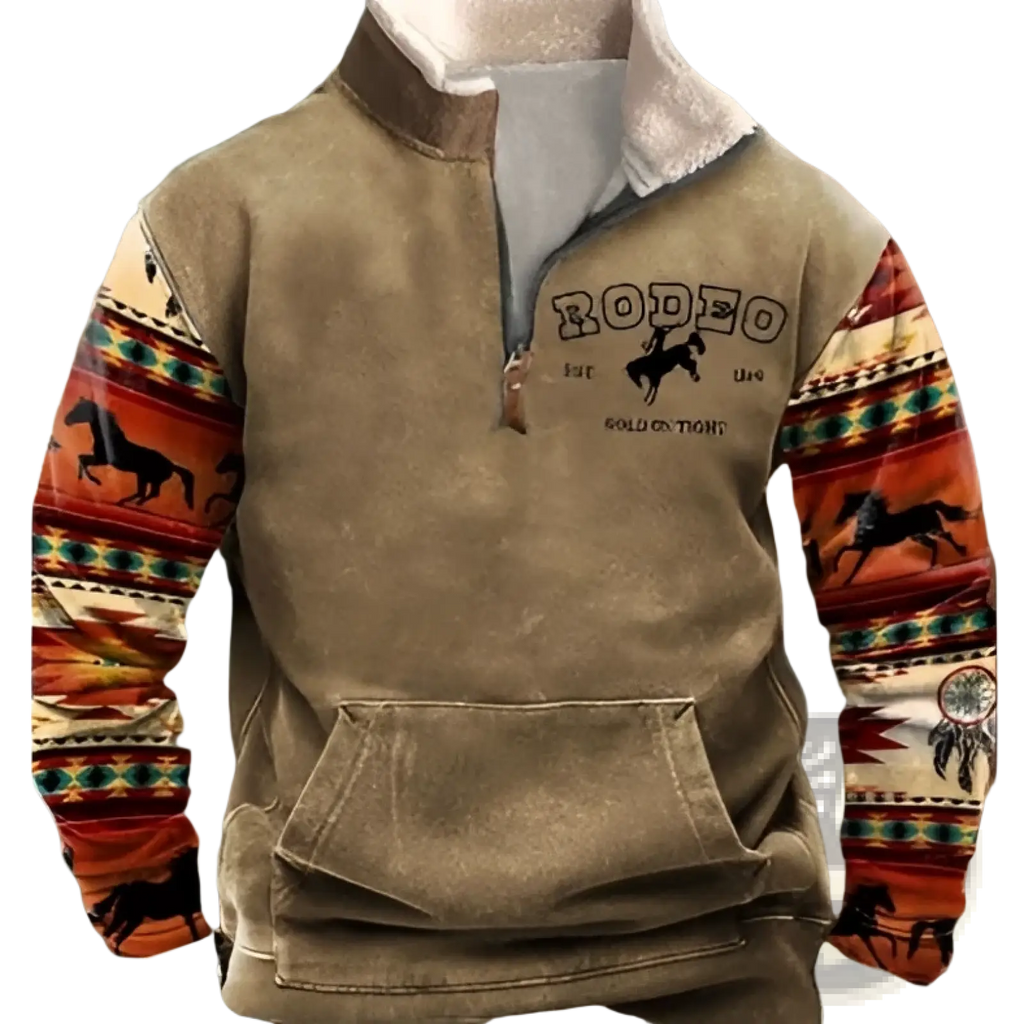 Men’s tan zip-up fleece jacket with embroidered rodeo text and horse graphics on sleeves and sherpa-lined collar