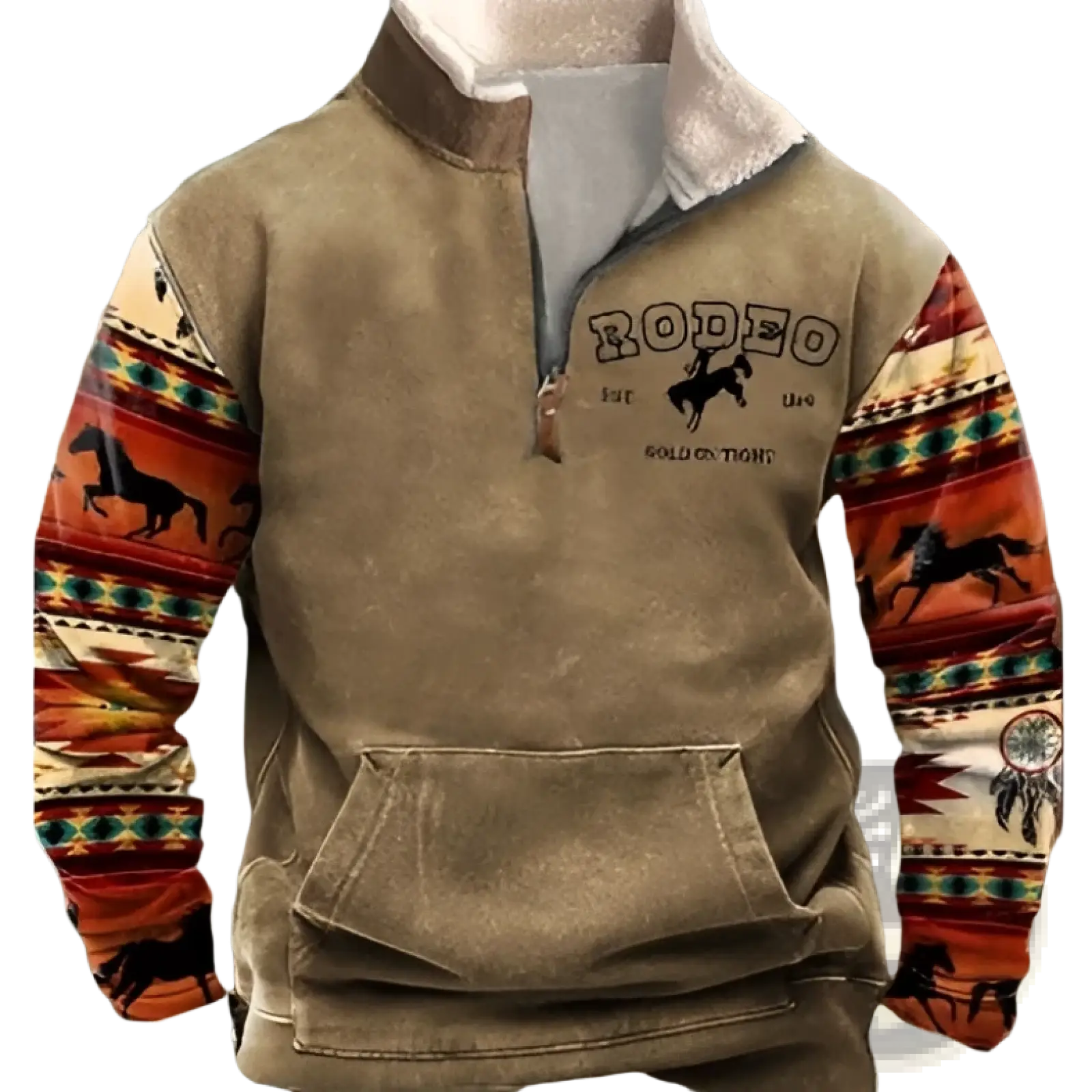 Men’s tan zip-up fleece jacket with embroidered rodeo text and horse graphics on sleeves and sherpa-lined collar