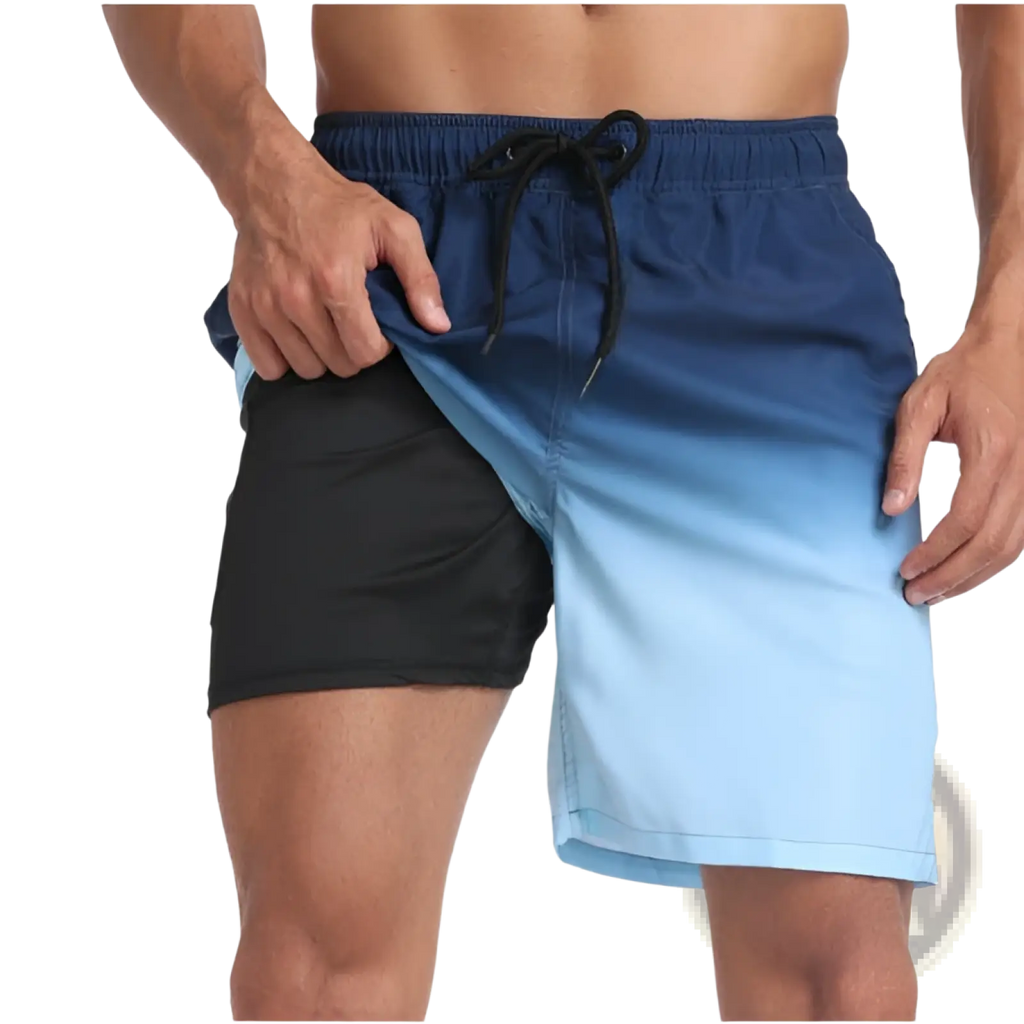 Men’s geometric print double layer beach shorts in blue gradient with black inner lining and drawstring waistband