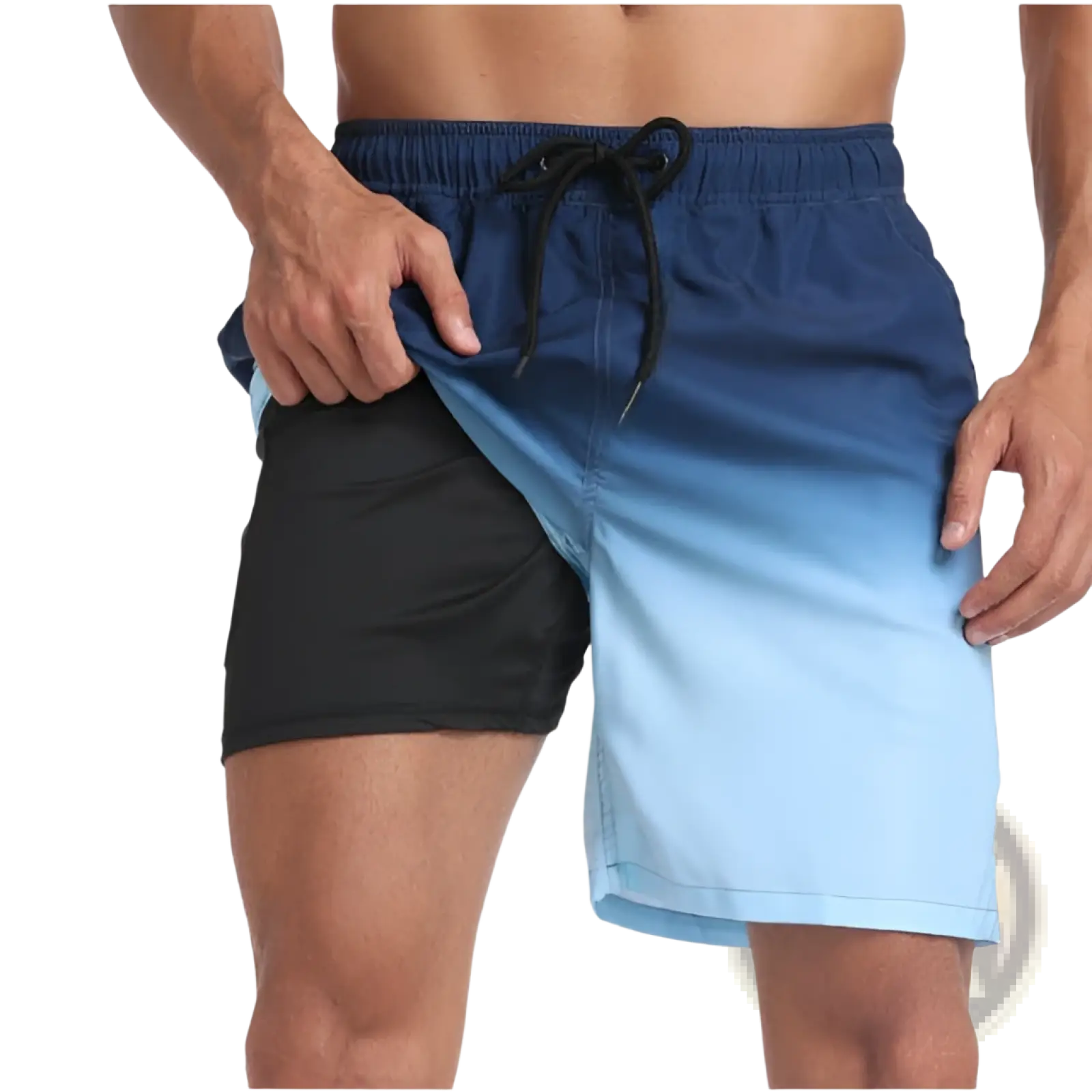 Men’s geometric print double layer beach shorts in blue gradient with black inner lining and drawstring waistband