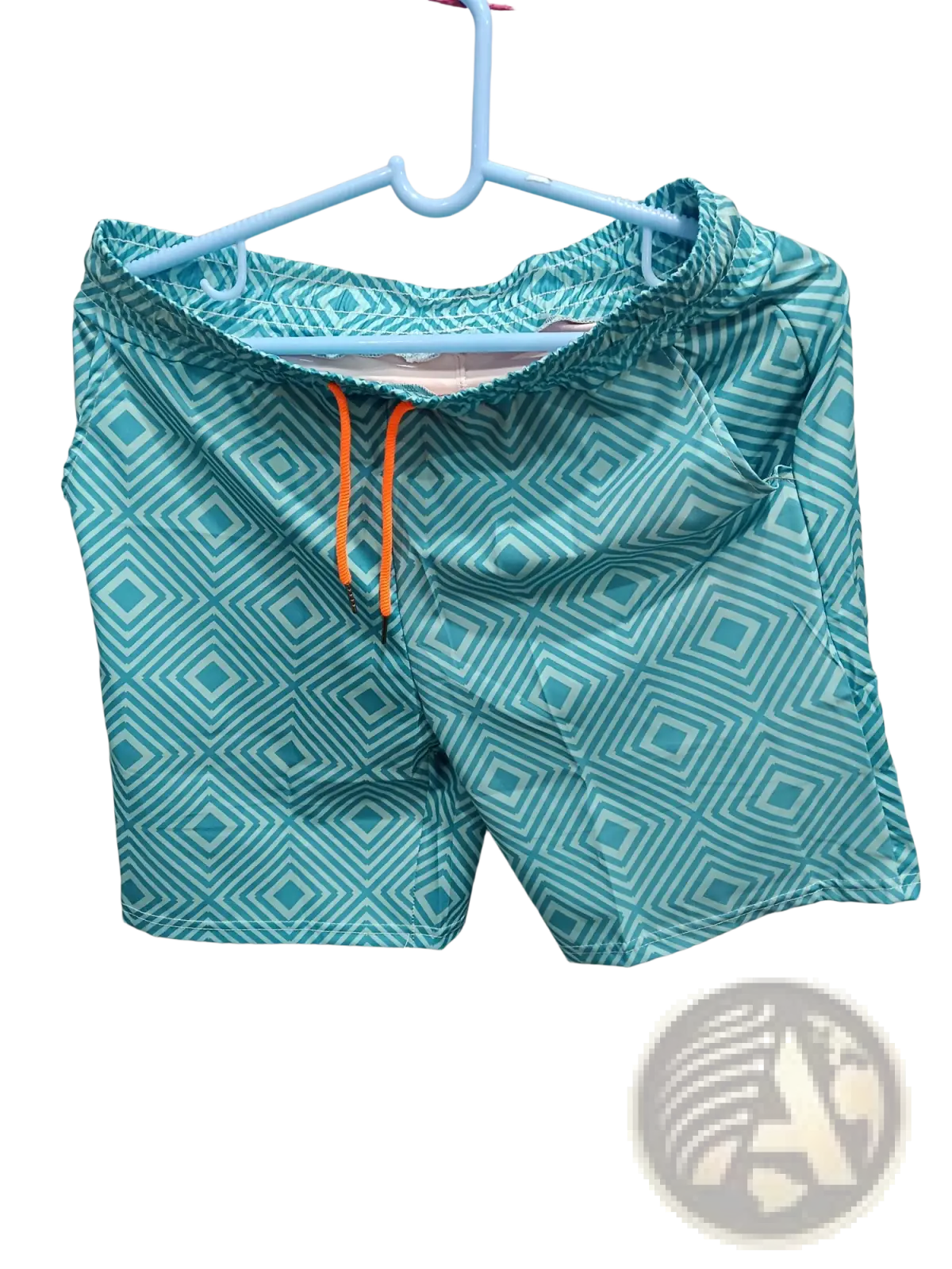 Men’s teal double layer beach shorts with geometric diamond print and orange drawstring for swimwear use