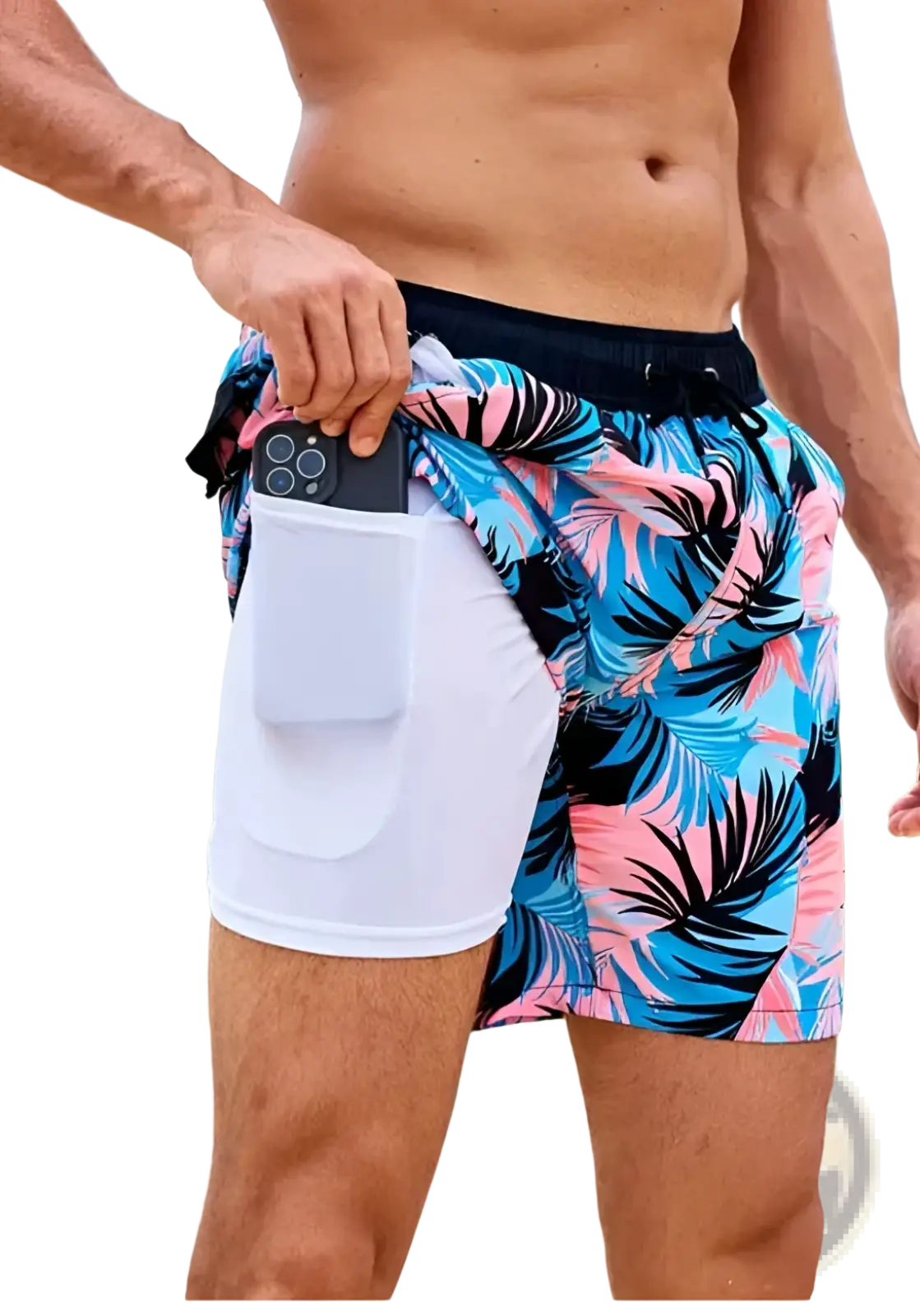 Men’s geometric print double layer beach shorts in vibrant tropical leaf pattern with white lining and phone pocket