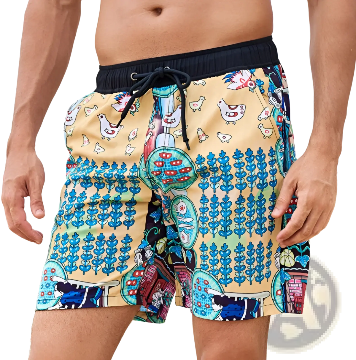 Men’s beige geometric print double layer beach shorts with vibrant cartoon farm print featuring chickens and plants